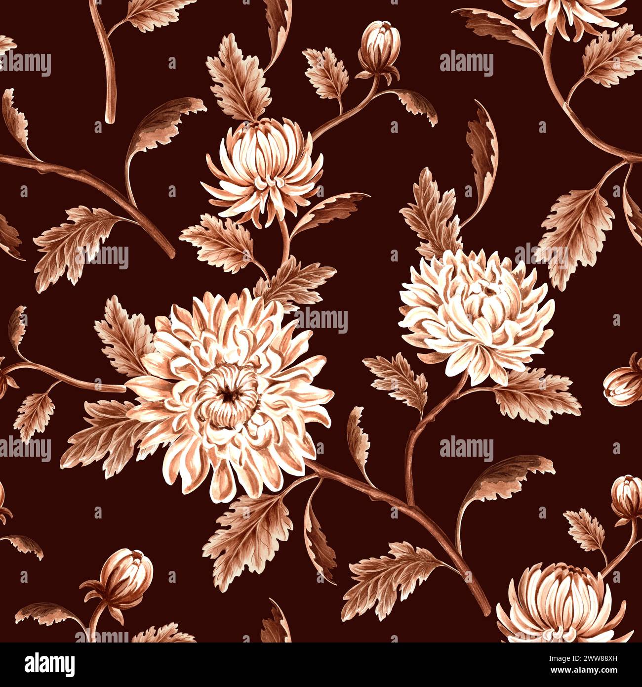 Modèle sans couture monochrome de chrysanthème avec des feuilles sur fond brun. Illustration d'aquarelle dessinée à la main de couleur brune. Fleurs de jardin. Templa Banque D'Images