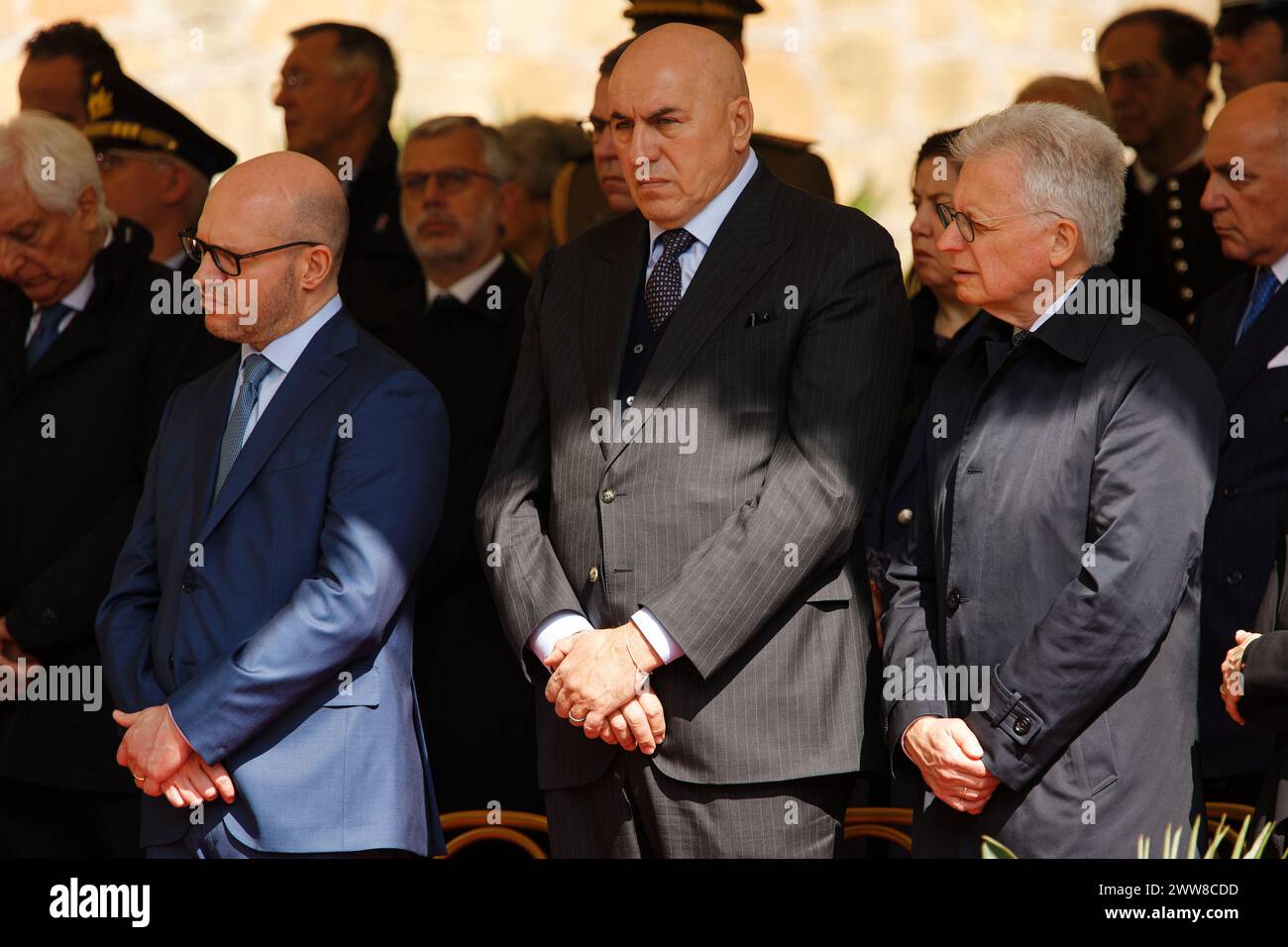 Rome, Italie 03 24 2024 : cérémonie de commémoration des victimes de la fosse ardéatine. Sergio Mattarella, Lorenzo Fontana, Guido Crosetto Banque D'Images