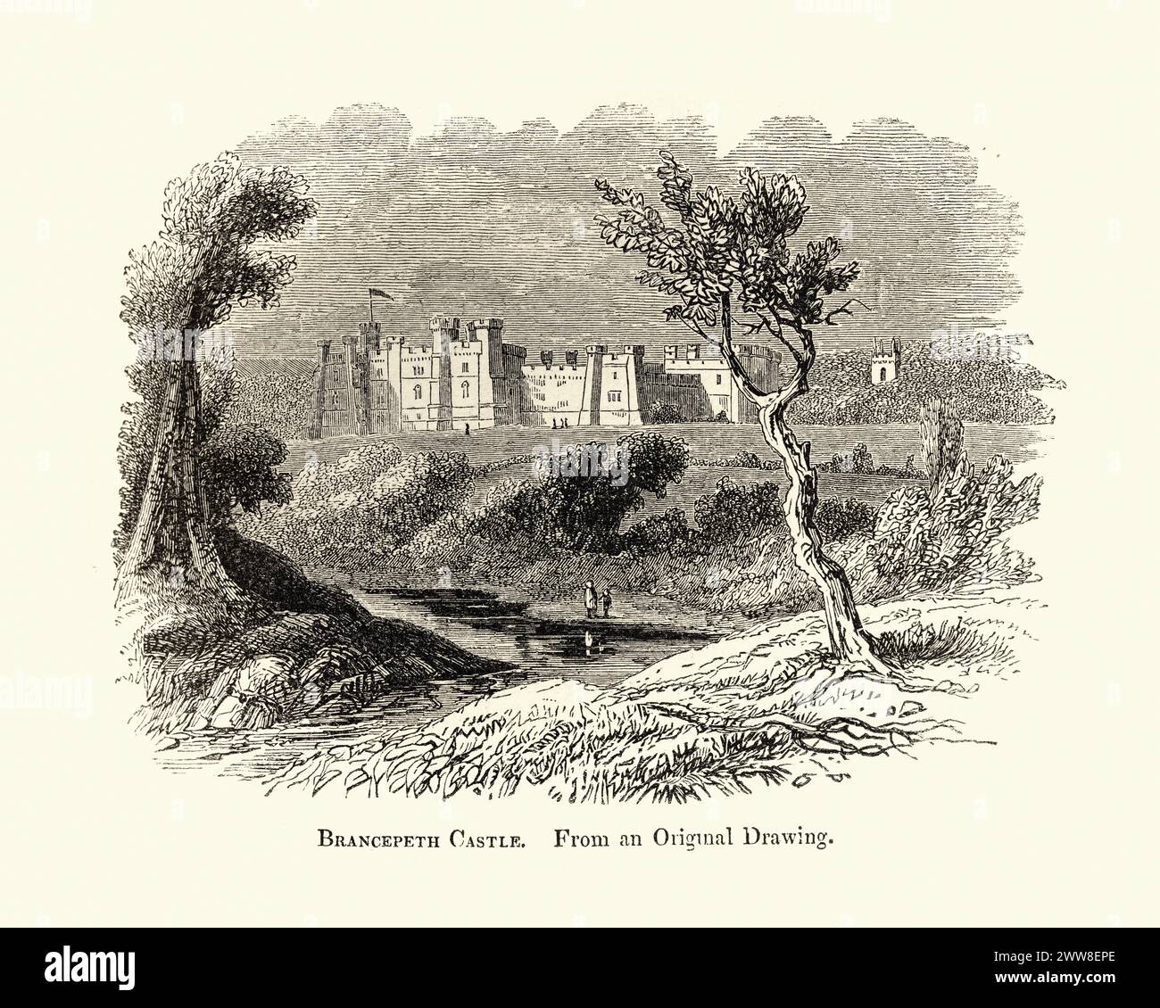 Gravure vintage du château de Brancepeth un château dans le village de Brancepeth dans le comté de Durham, Angleterre. Illustration pour chroniques de Sir John Froissart Banque D'Images