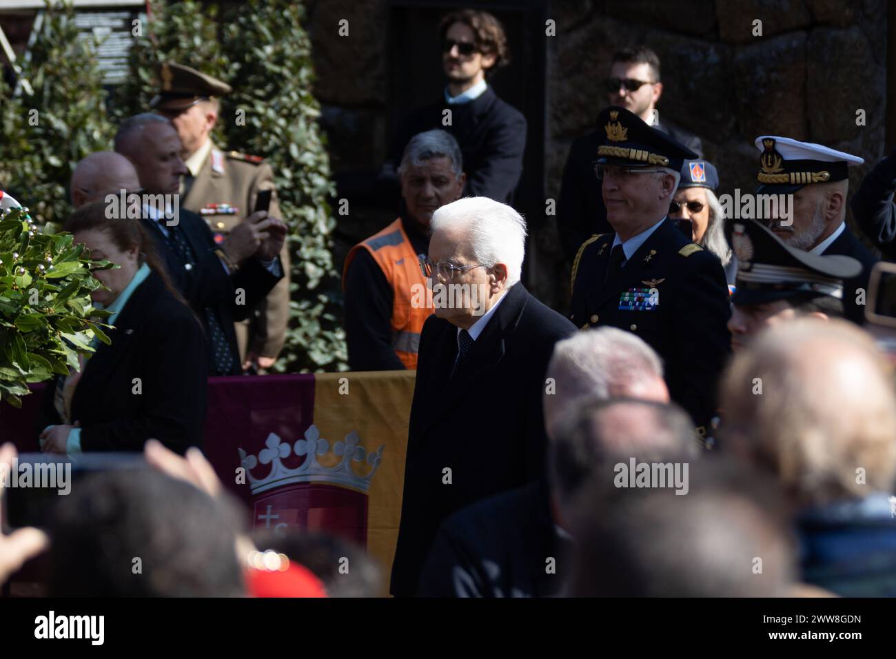 Rome, Italie. 22 mars 2024. Le président de la République Sergio Mattarella arrive au mausolée fosse Ardeatine à Rome (photo de Matteo Nardone/Pacific Press) crédit : Pacific Press Media production Corp./Alamy Live News Banque D'Images