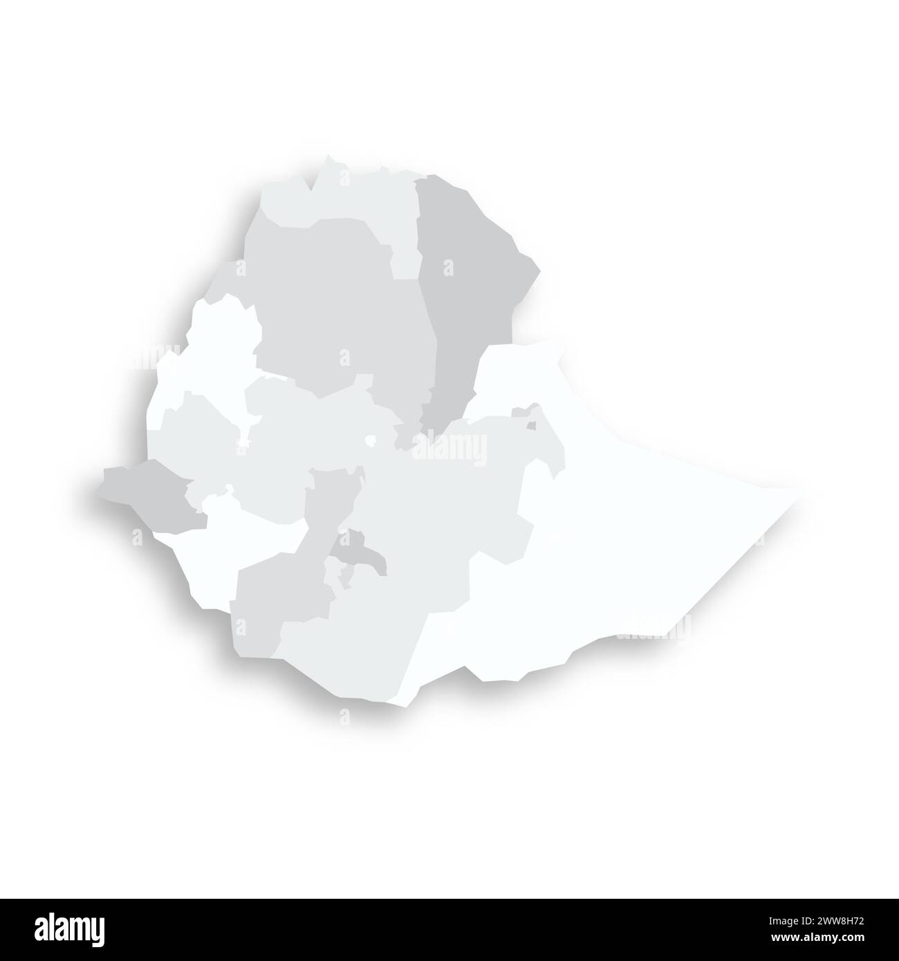Ethiopie carte politique des divisions administratives - régions et villes à charte. Carte vectorielle plate blanche grise avec ombre portée. Illustration de Vecteur