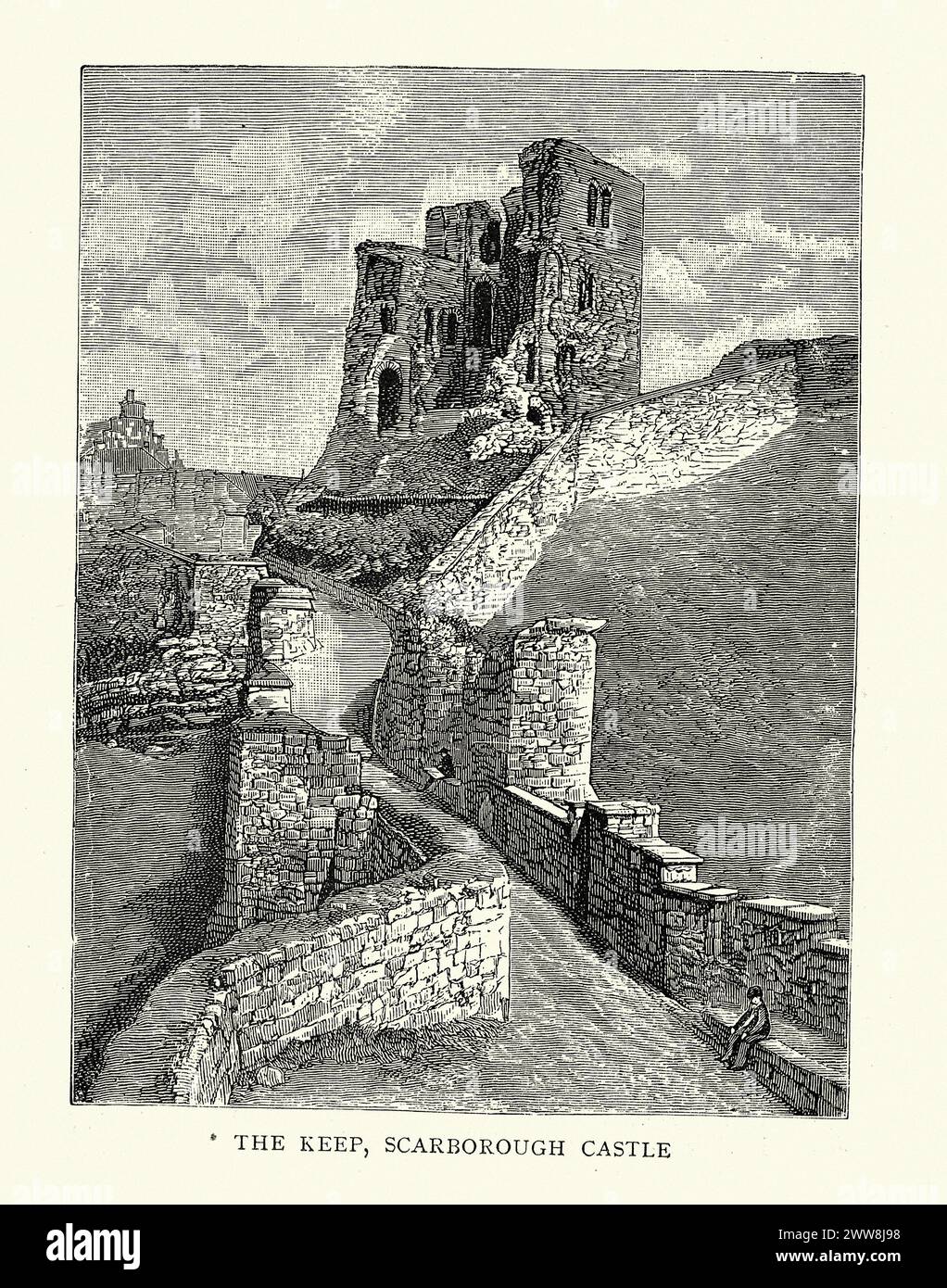 Illustration vintage, donjon en ruine du château de Scarborough, North Yorkshire, 19ème siècle Banque D'Images