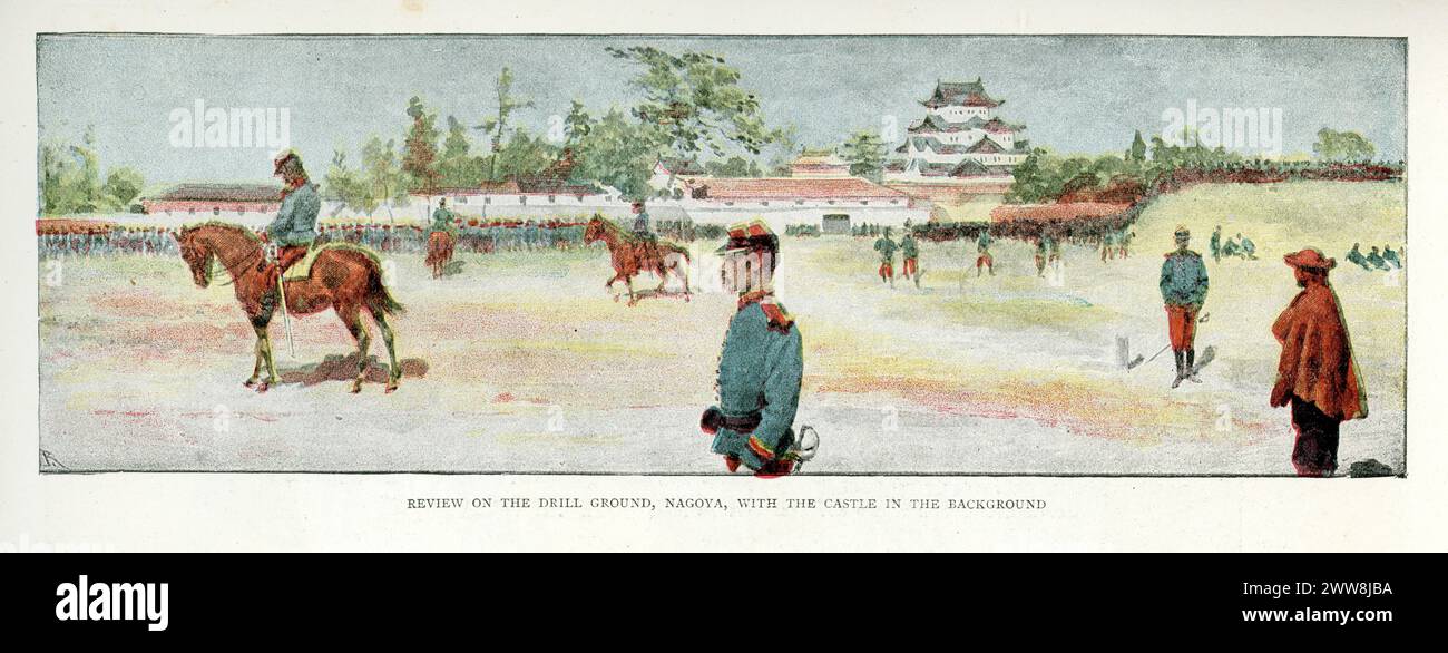 Gravure couleur vintage de manœuvres de l'armée japonaise à Nagoya dans la région de Chubu au Japon. Le terrain de forage avec le château en arrière-plan. Le graphique, 1891 Banque D'Images