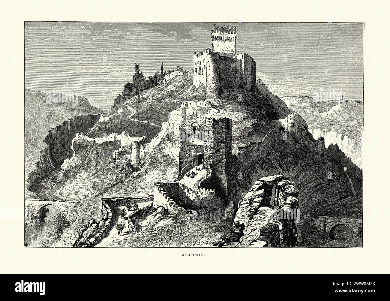 Illustration vintage d'Alarcon, Espagne, 19ème siècle. Le château de Alarcón fait partie des fortifications construites autour de la ville de Alarcón à Cuenca, en Espagne. D’origine arabe, la forteresse fut d’abord sous la juridiction de l’Émirat de Córdoba. Banque D'Images