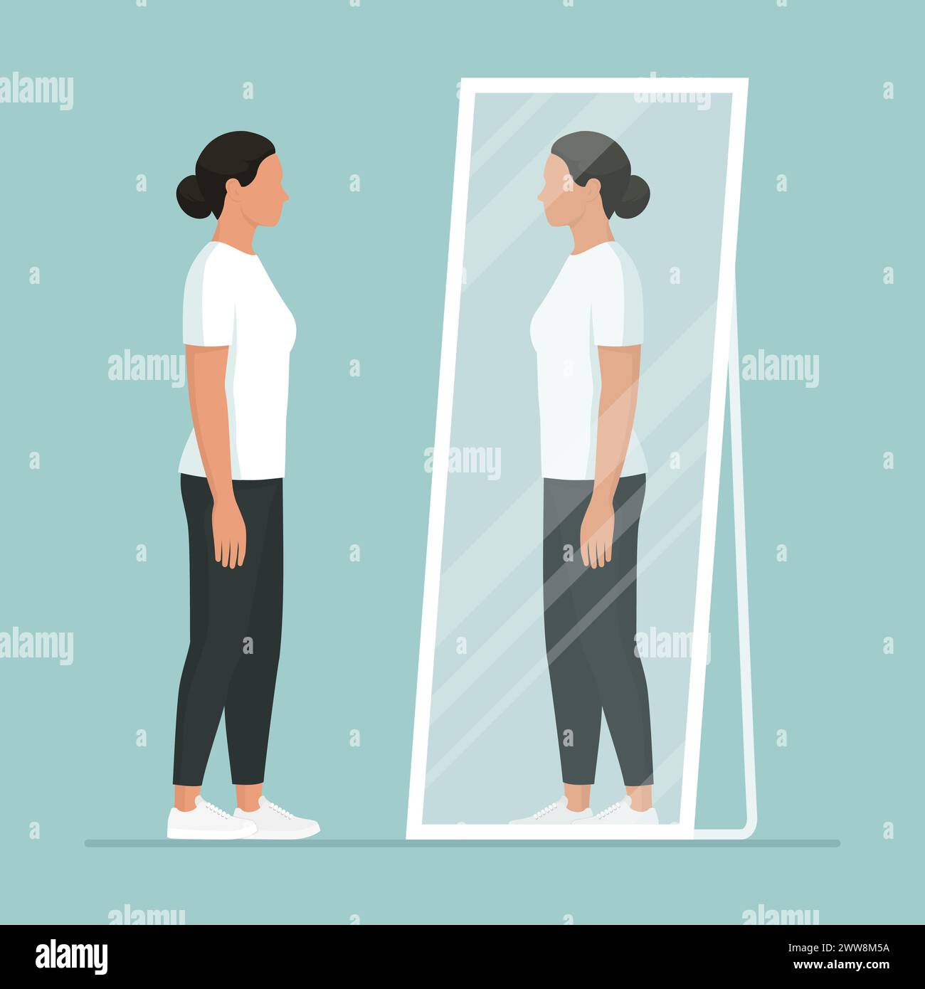 Jeune femme se regardant dans le miroir : concept d'identité et de conscience de soi Illustration de Vecteur