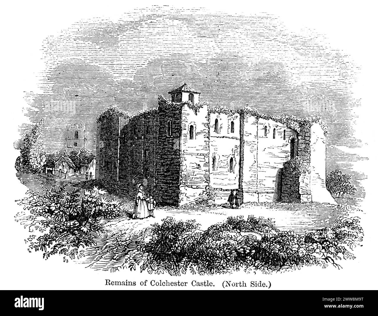 Gravure vintage des ruines du château de Colchester, Essex, Angleterre Banque D'Images