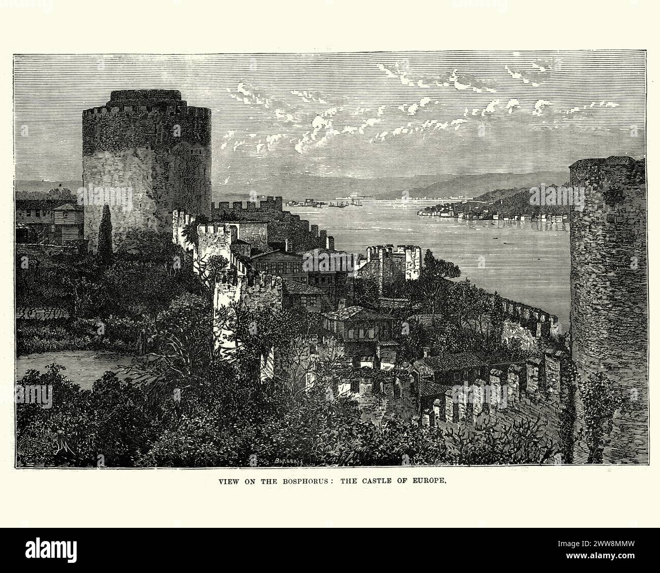 Gravure vintage de vue sur le Bosphore, Château de l'Europe Banque D'Images