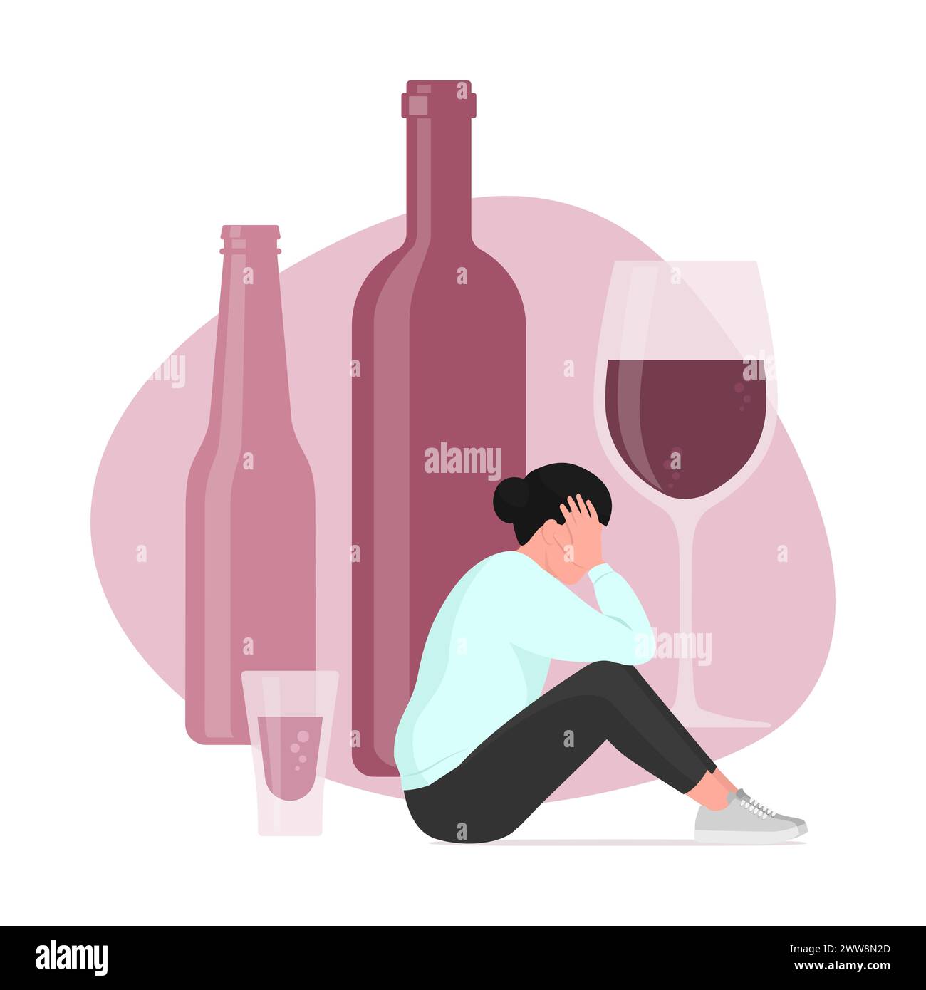 Femme déprimée assise à côté de bouteilles et de verres : abus d'alcool et concept d'alcoolisme Illustration de Vecteur