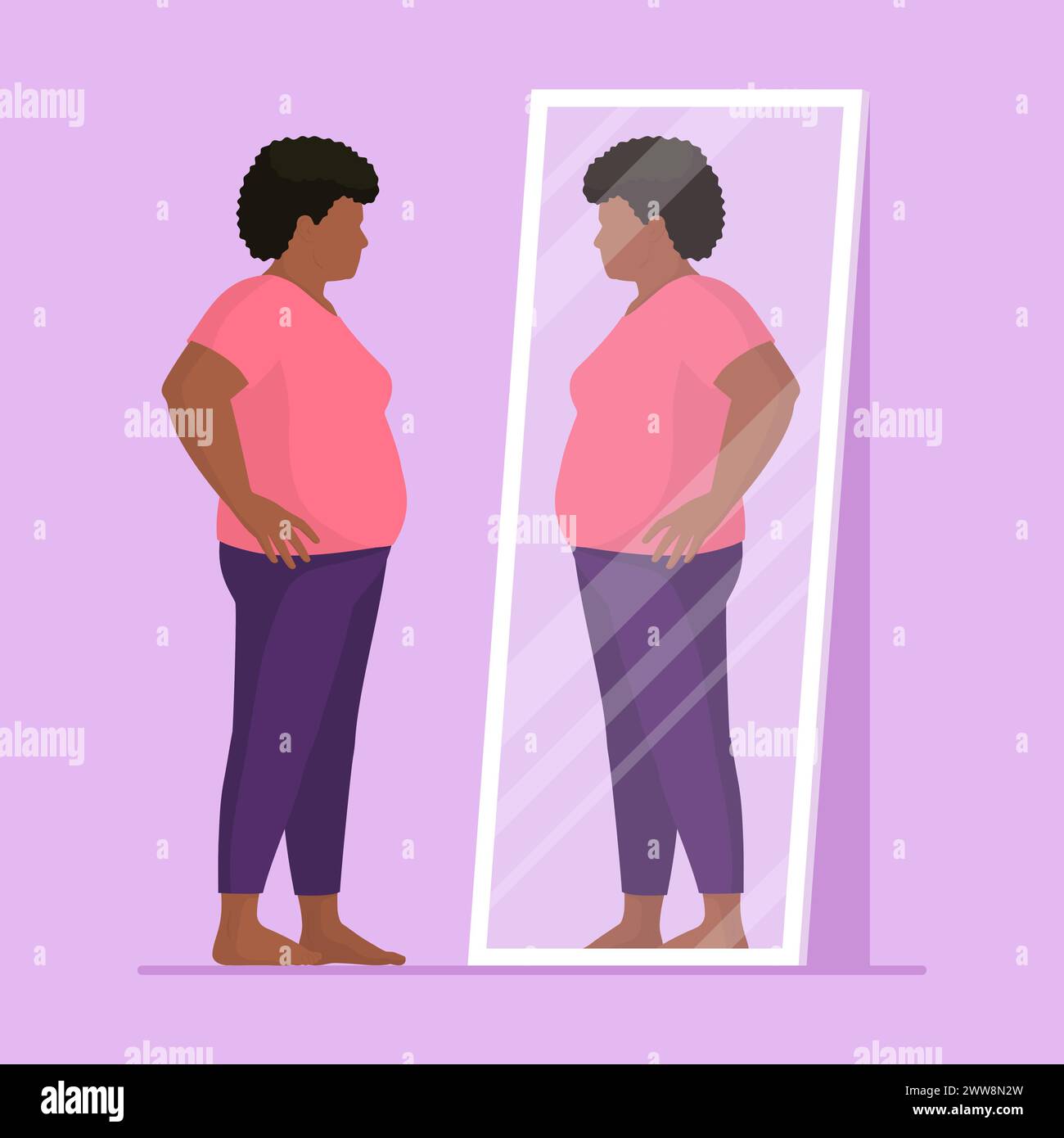 Femme de taille plus se regardant dans un miroir : corps positif et concept d'obésité Illustration de Vecteur