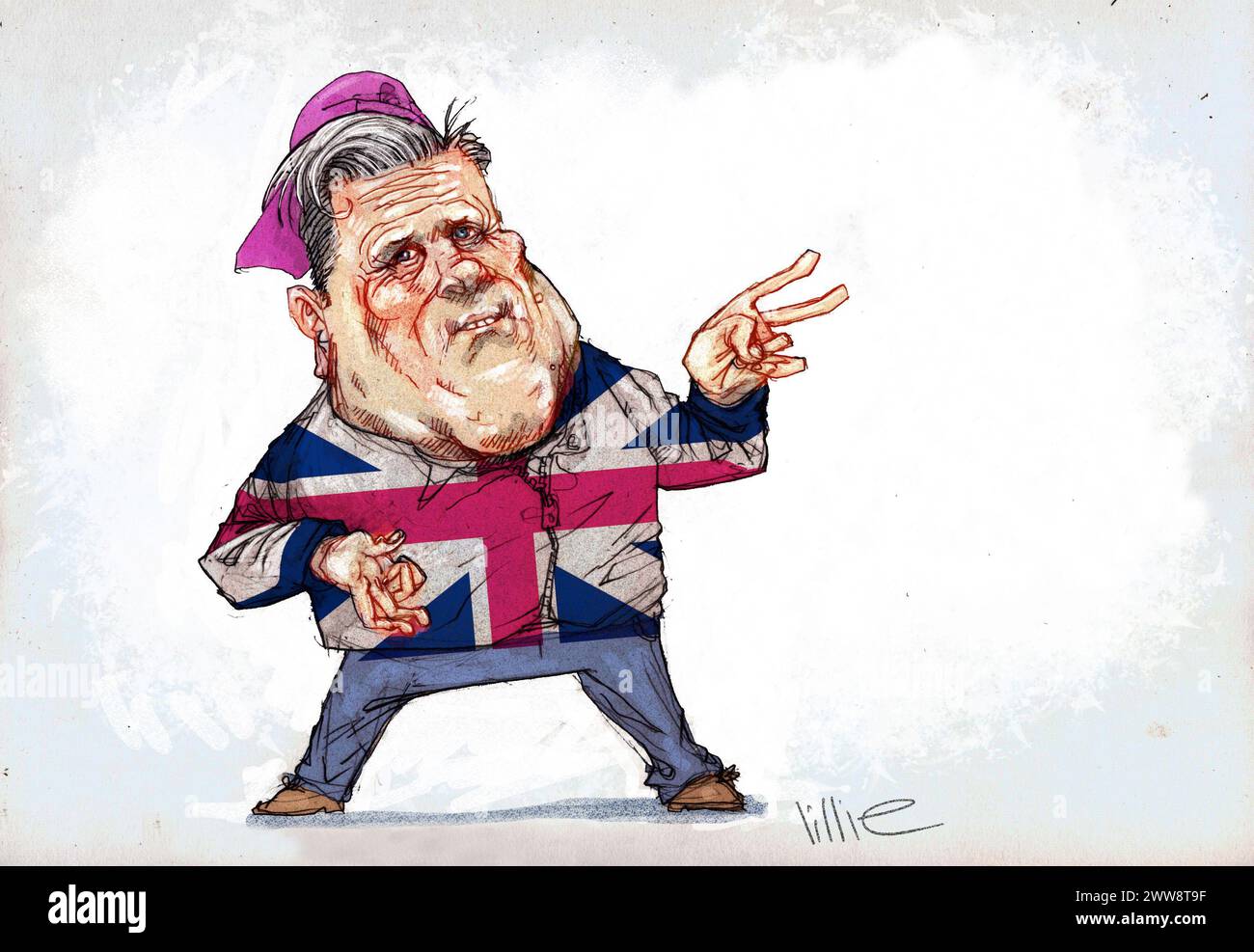 Caricature satirique, Kier Starmer, député, chef du Parti travailliste, vêtu d'une veste Union Jack, vêtu d'une tenue décontractée, popularisme, Sir Keir Rodney Starmer KC Banque D'Images