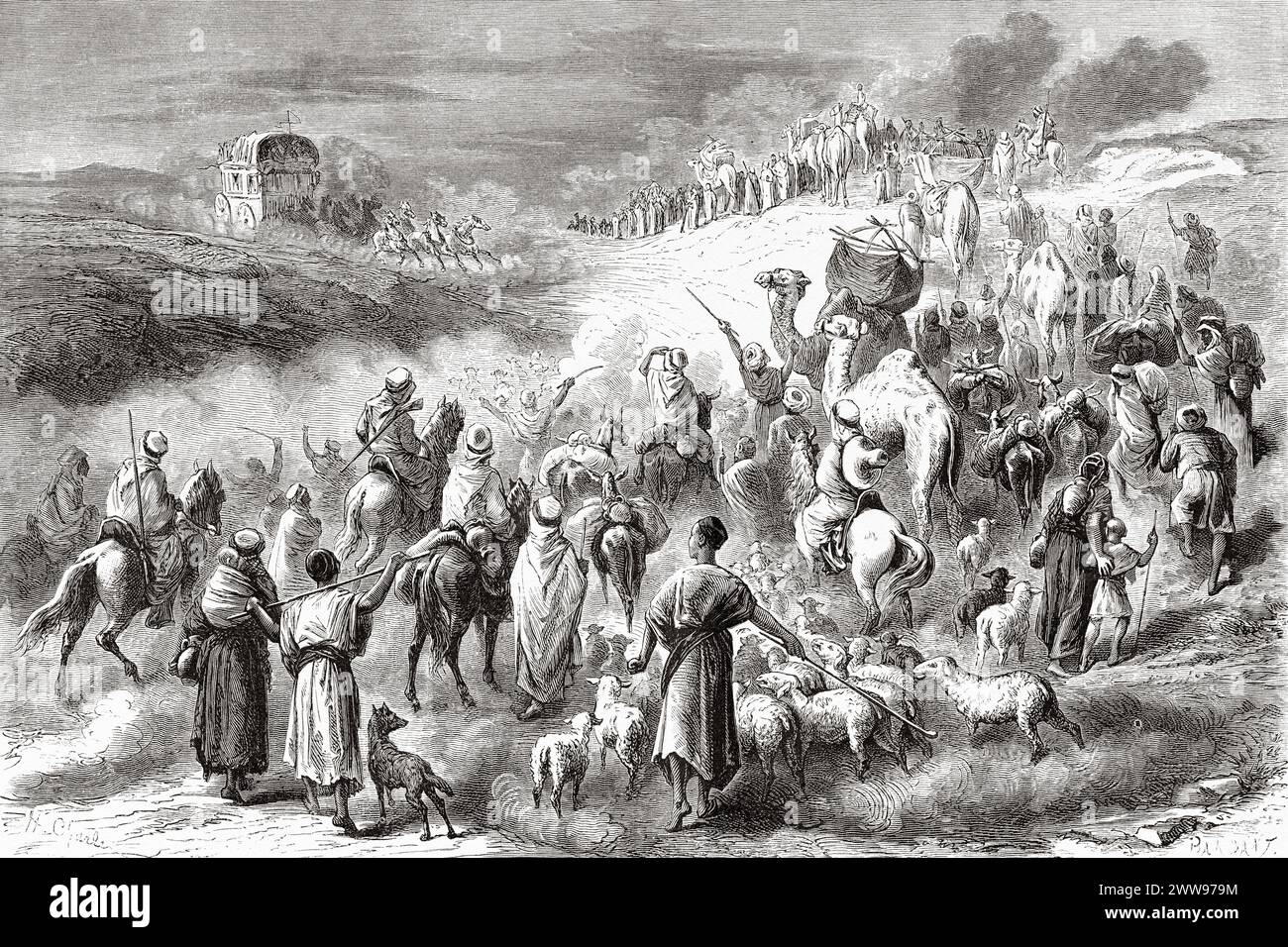 La diligence rencontre une caravane venant du sud, Tebessa. Province d'Oran, Algérie. Afrique. Dessin de H. Charles, Tébessa et ses monuments d'Antoine Héron de Villefosse (1845 - 1919) le Tour du monde 1880 Banque D'Images