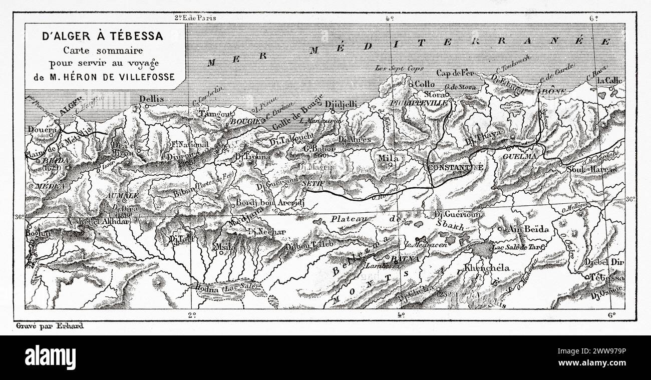 Carte utilisée pour le voyage à Tebessa. Province d'Oran, Algérie. Afrique. Dessin d'Erhard, Tébessa et ses monuments d'Antoine Héron de Villefosse (1845 - 1919) le Tour du monde 1880 Banque D'Images