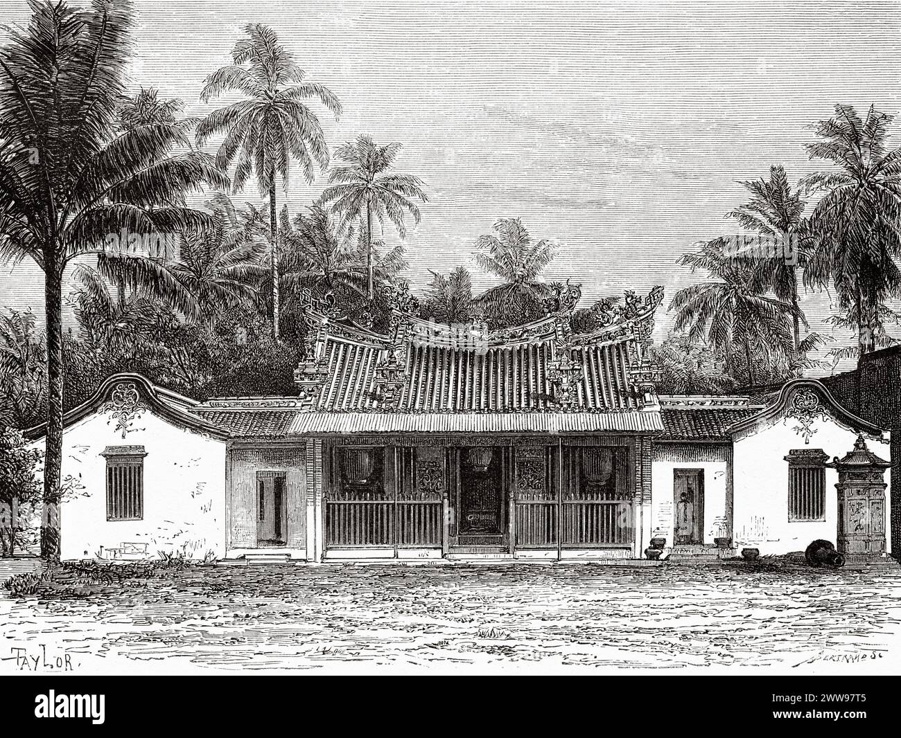 Temple chinois à Alahan Panjang, île de Sumatra. Indonésie. Dessin de Taylor. À travers l'île de Sumatra 1877 par Daniel David Veth (1850 - 1885) le Tour du monde 1880 Banque D'Images