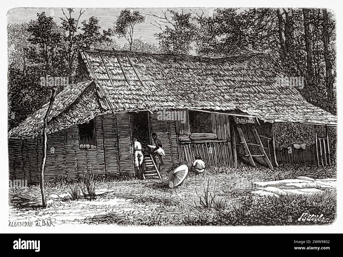 Une maison traditionnelle à Loeboekgadang, île de Sumatra. Indonésie. Dessin d'Alexandre de Bar (1821 - 1908) à travers l'île de Sumatra 1877 par Daniel David Veth (1850 - 1885) le Tour du monde 1880 Banque D'Images