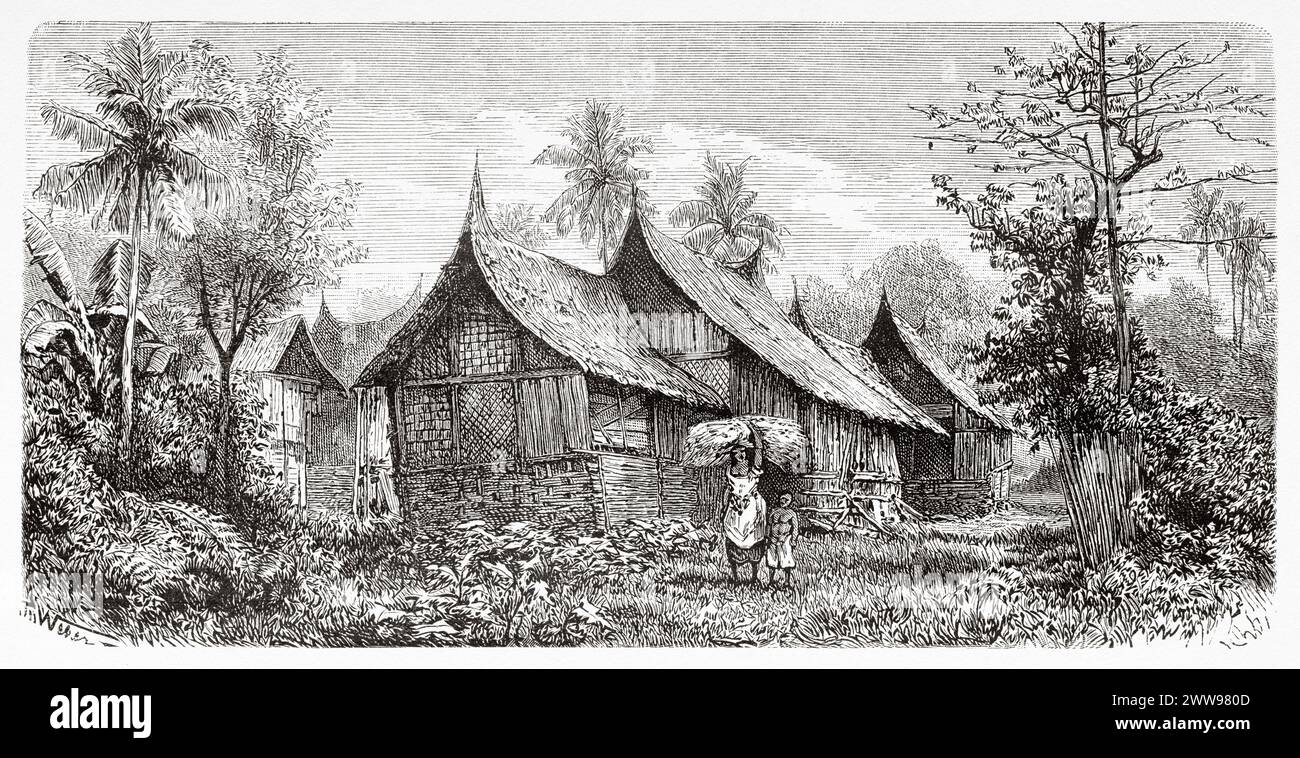 Maisons traditionnelles à Loeboekgadang, Padangse Bovenlanden, île de Sumatra. Indonésie. Dessin de Theodore Alexander Weber (1838 - 1907) à travers l'île de Sumatra 1877 par Daniel David Veth (1850 - 1885) le Tour du monde 1880 Banque D'Images