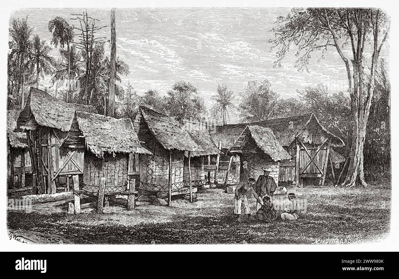 Grenier à riz à Loeboekgadang, Padangse Bovenlanden, île de Sumatra. Indonésie. Dessin de Theodore Alexander Weber (1838 - 1907) à travers l'île de Sumatra 1877 par Daniel David Veth (1850 - 1885) le Tour du monde 1880 Banque D'Images