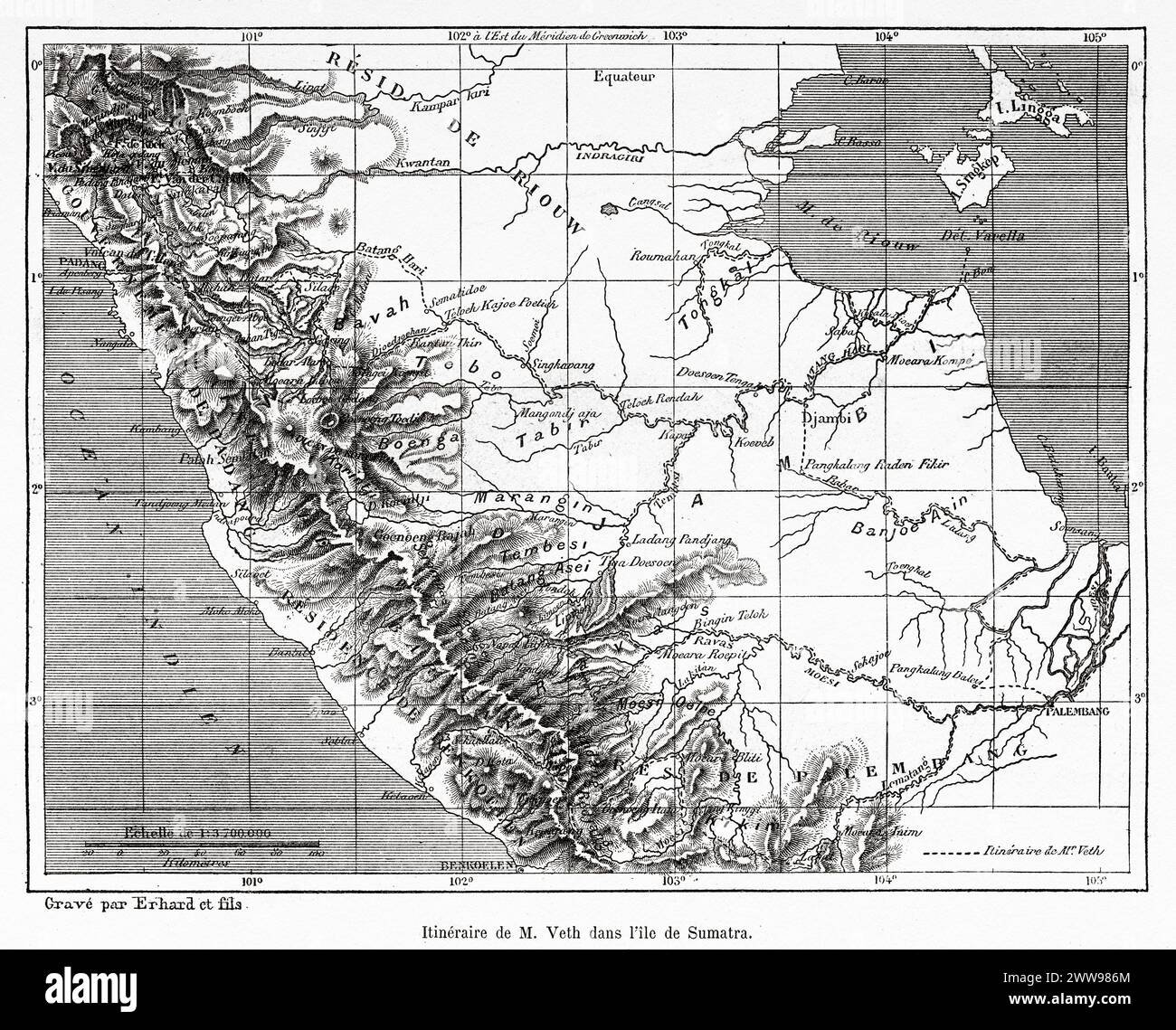 Carte avec l'itinéraire de l'expédition David Veth, île de Sumatra. Indonésie. Dessin d'Erhard, à travers l'île de Sumatra 1877 par Daniel David Veth (1850 - 1885) le Tour du monde 1880 Banque D'Images