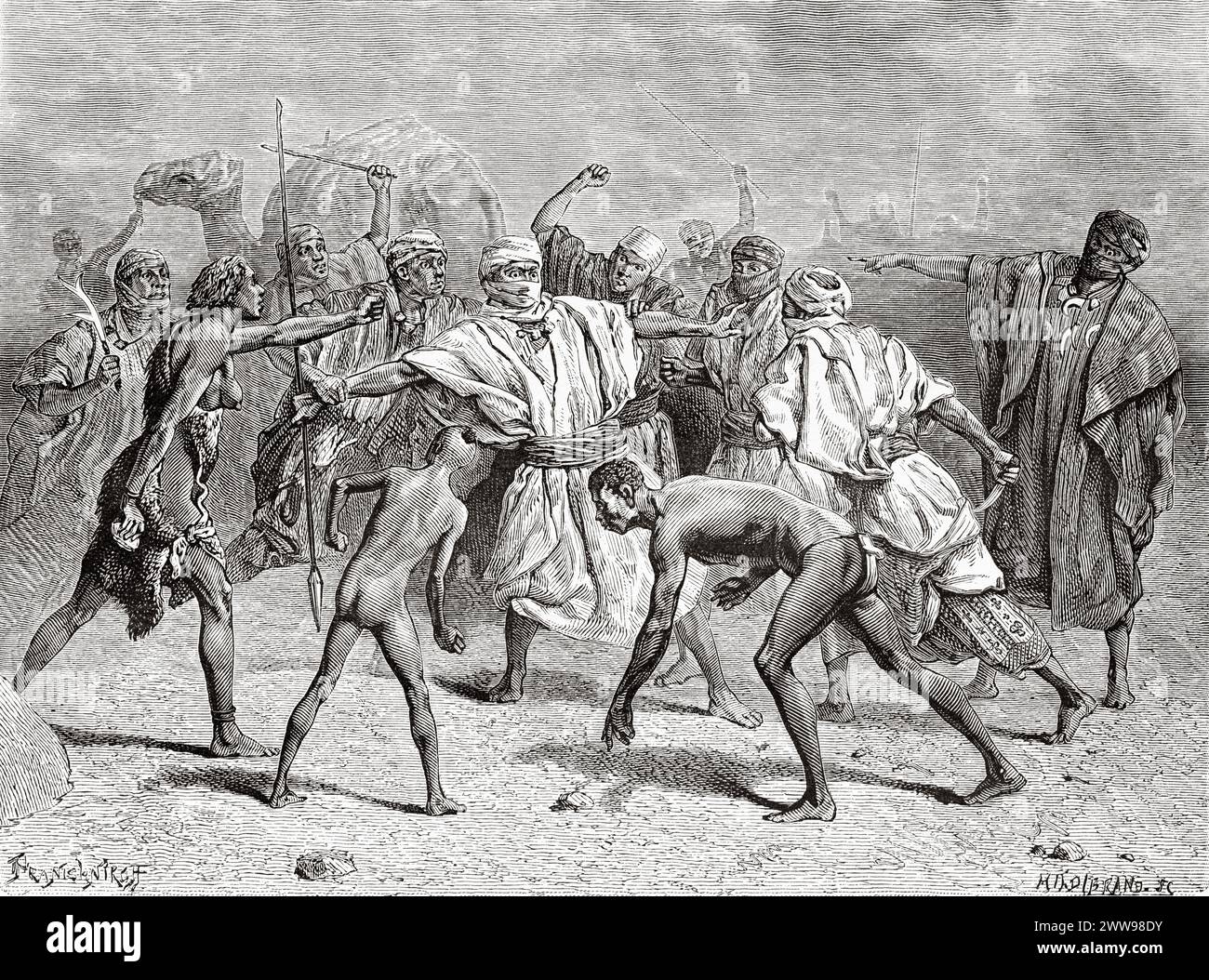 Agression contre un membre de l'expédition, région du Tibesti, Tchad, Afrique. Dessin d'Ivan Pranishnikoff (1841 - 1909) deux mois à Tibesti, épisodes de voyages en Afrique 1869-1873 par Dr Gustav Hermann Nachtigal (1834 - 1885) le Tour du monde 1880 Banque D'Images