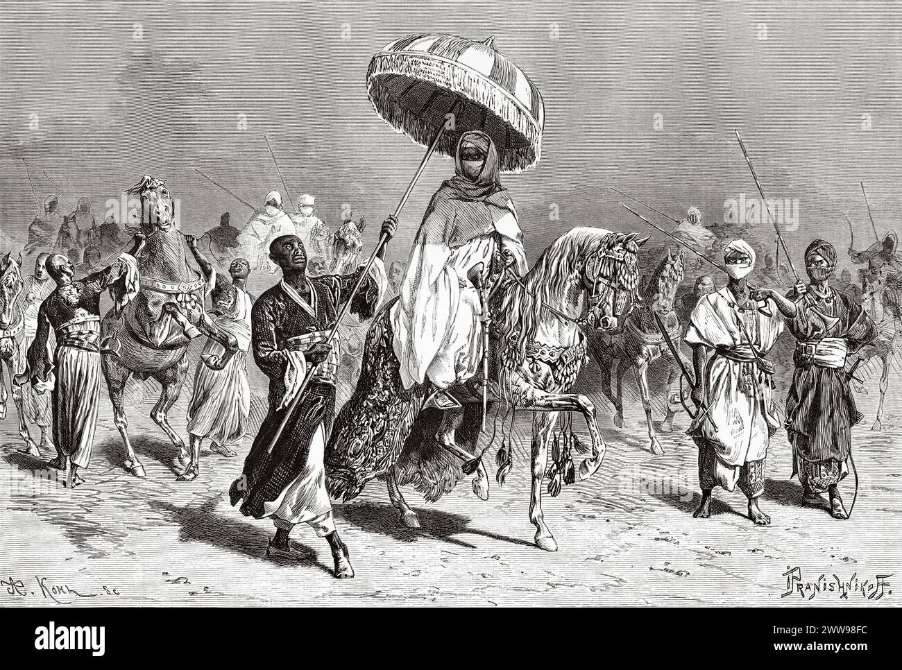 Umar Ibn Muhammad al-Amin, Umar de Bornu était Shehu (Cheik) de l'Empire Kanem-Bornu et fils de Muhammad al-Amin al-Kanemi, Tchad, Afrique centrale. Dessin d'Ivan Pranishnikoff (1841 - 1909) voyage de Borno à Baguirmi 1872 par Dr Gustav Hermann Nachtigal (1834 - 1885) le Tour du monde 1880 Banque D'Images