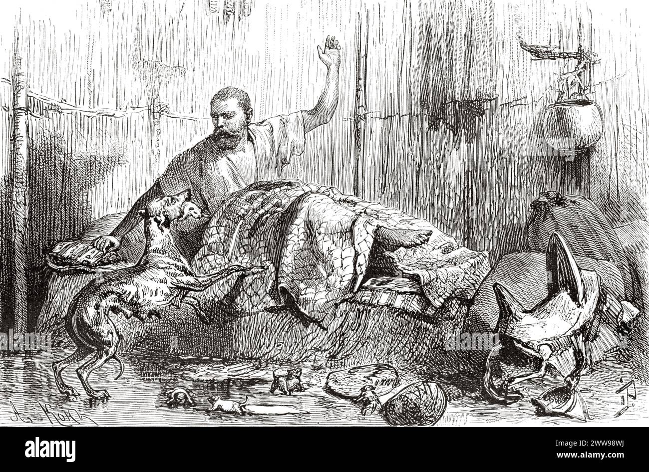 Le docteur Gustav Hermann repose dans sa couchette dans une cabane, Tchad. Afrique centrale. Dessin d'Ivan Pranishnikoff (1841 - 1909) voyage de Borno à Baguirmi 1872 par Dr Gustav Hermann Nachtigal (1834 - 1885) le Tour du monde 1880 Banque D'Images