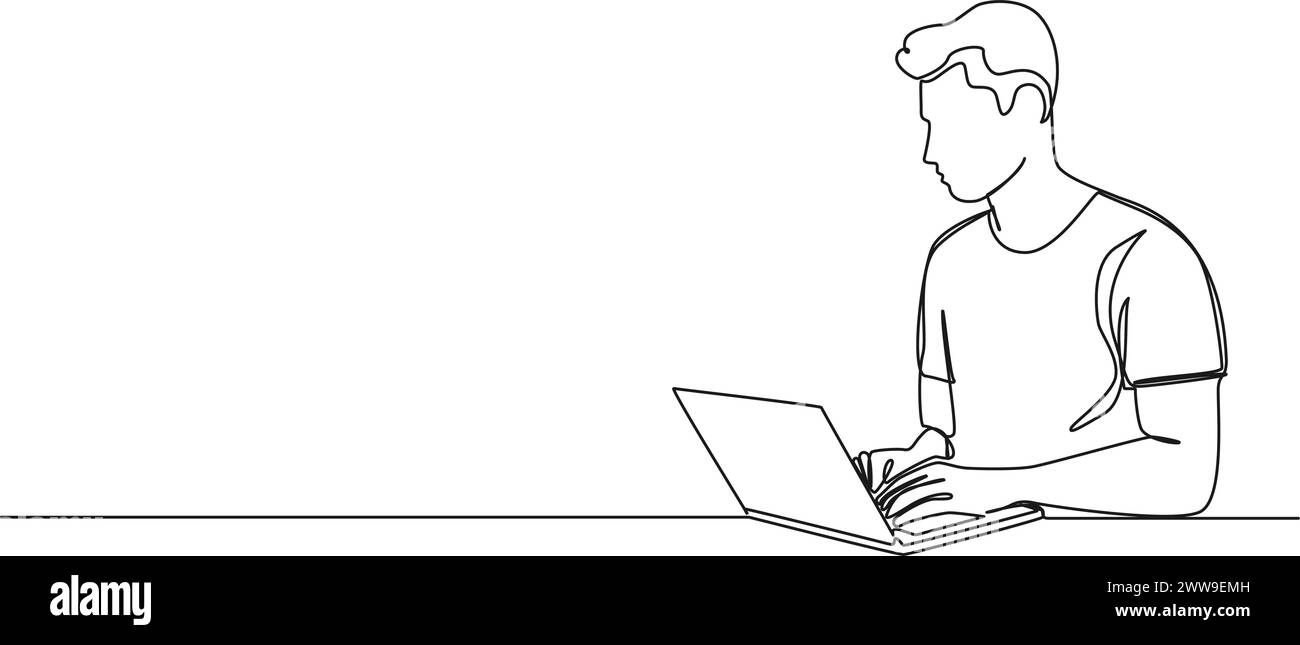 dessin simple continu de jeune homme à l'aide d'un ordinateur portable, illustration vectorielle d'art au trait Illustration de Vecteur