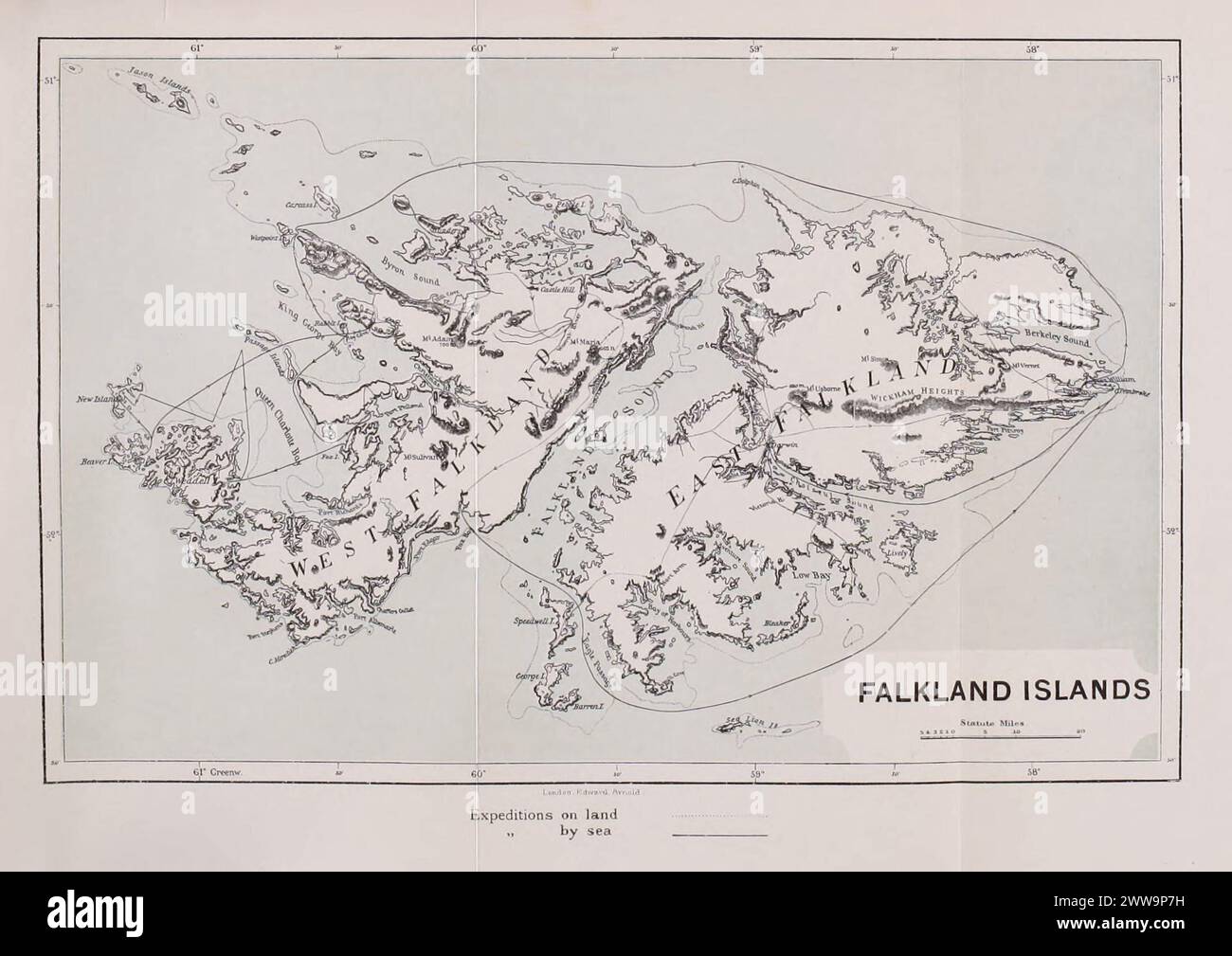 Carte vintage des îles Falkland, 1910. Montrant les explorations du botaniste suédois Carl Skottsberg Banque D'Images