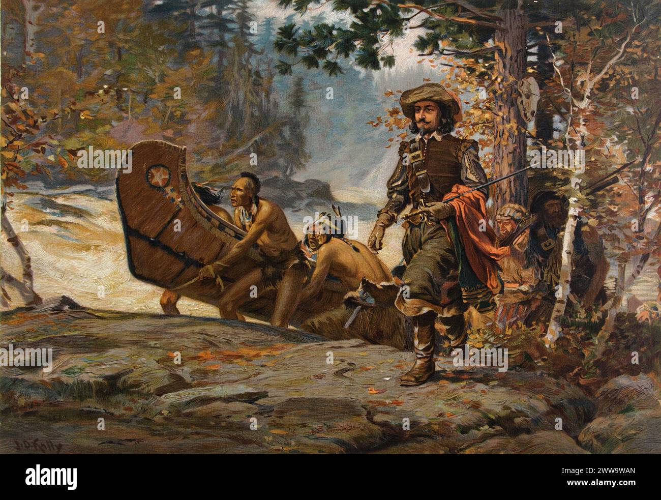 Peinture d'histoire canadienne vintage. Samuel de Champlain sur la rivière des Outaouais (peinture de John David Kelly) Banque D'Images