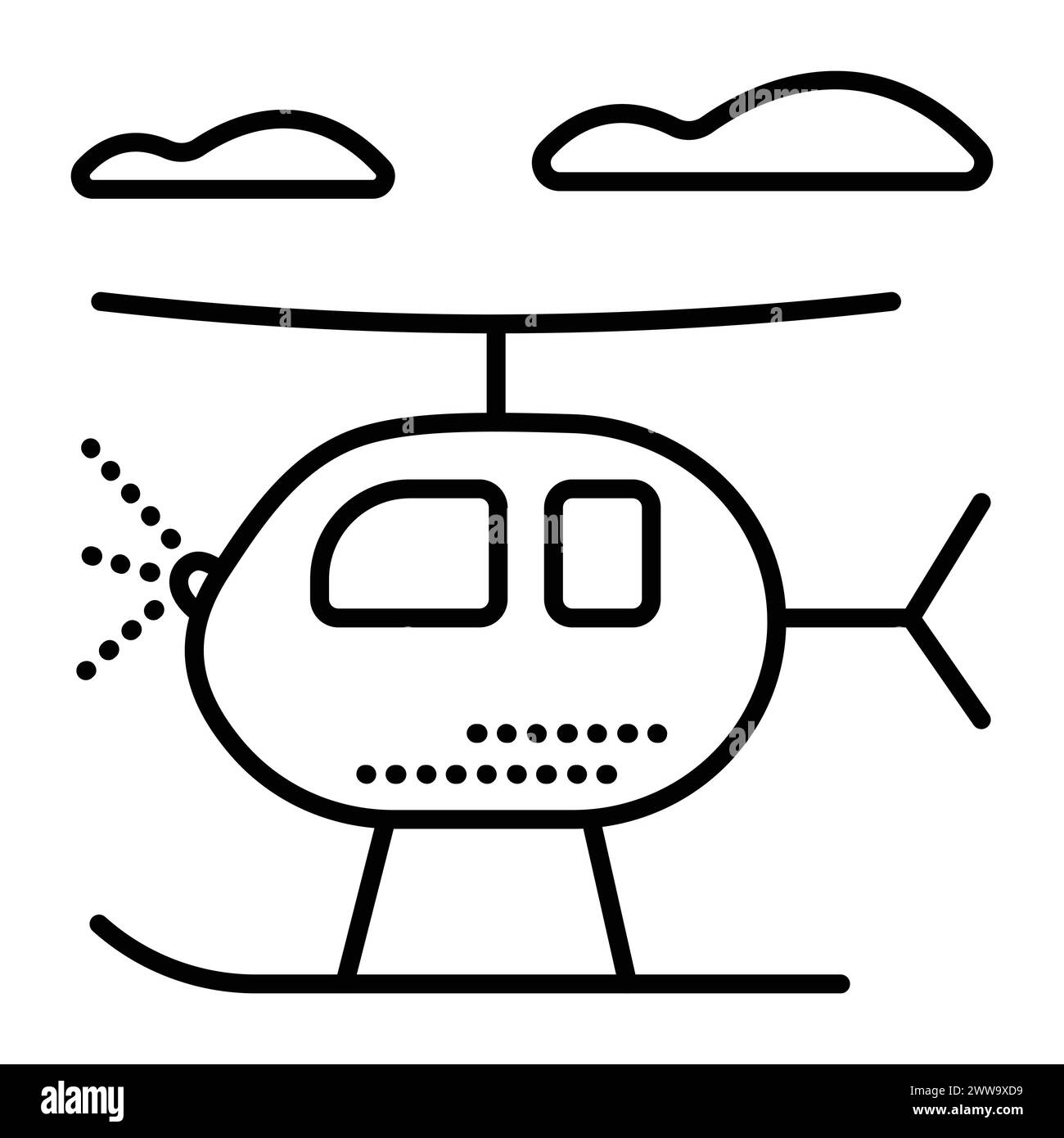 Hélicoptère unique avec patins, icône de vecteur de ligne noire, nuages et pictogramme de copter, chopper occidental mignon avec un train d'atterrissage, illustration minimale de taxi aérien Illustration de Vecteur