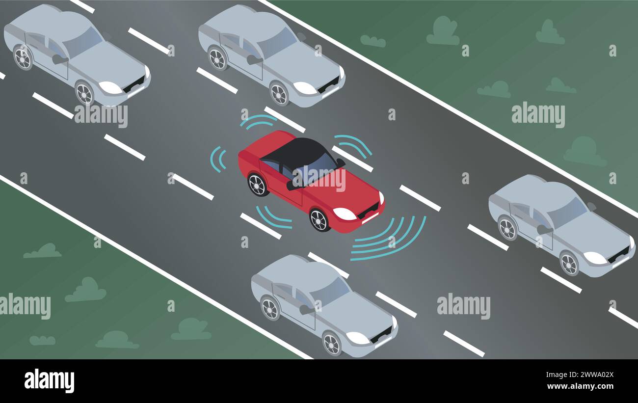 Une voiture autonome avec des capteurs intelligents sur une autoroute. Véhicule autonome avec capteurs avancés, naviguant en toute confiance parmi les voitures conventionnelles. Illustration de Vecteur