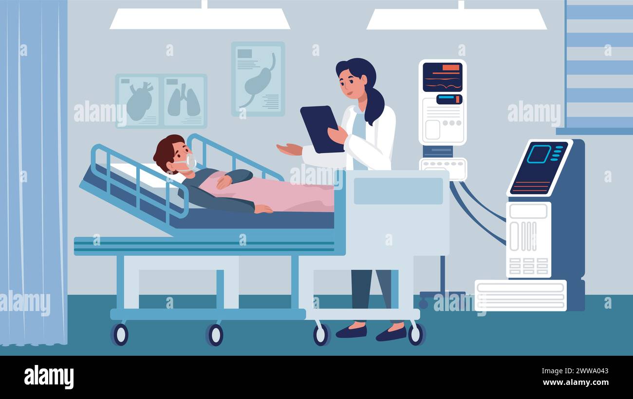 Une femme médecin en blouse blanche rend visite à un patient se reposant dans un lit d'hôpital pour écouter les préoccupations du patient. Salle de clinique médicale avec médecin et PA Illustration de Vecteur