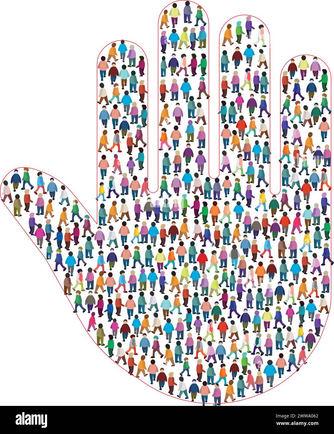 Grand groupe de personnes debout ensemble dans une formation dense, créant une forme de main ouverte. Illustration de Vecteur