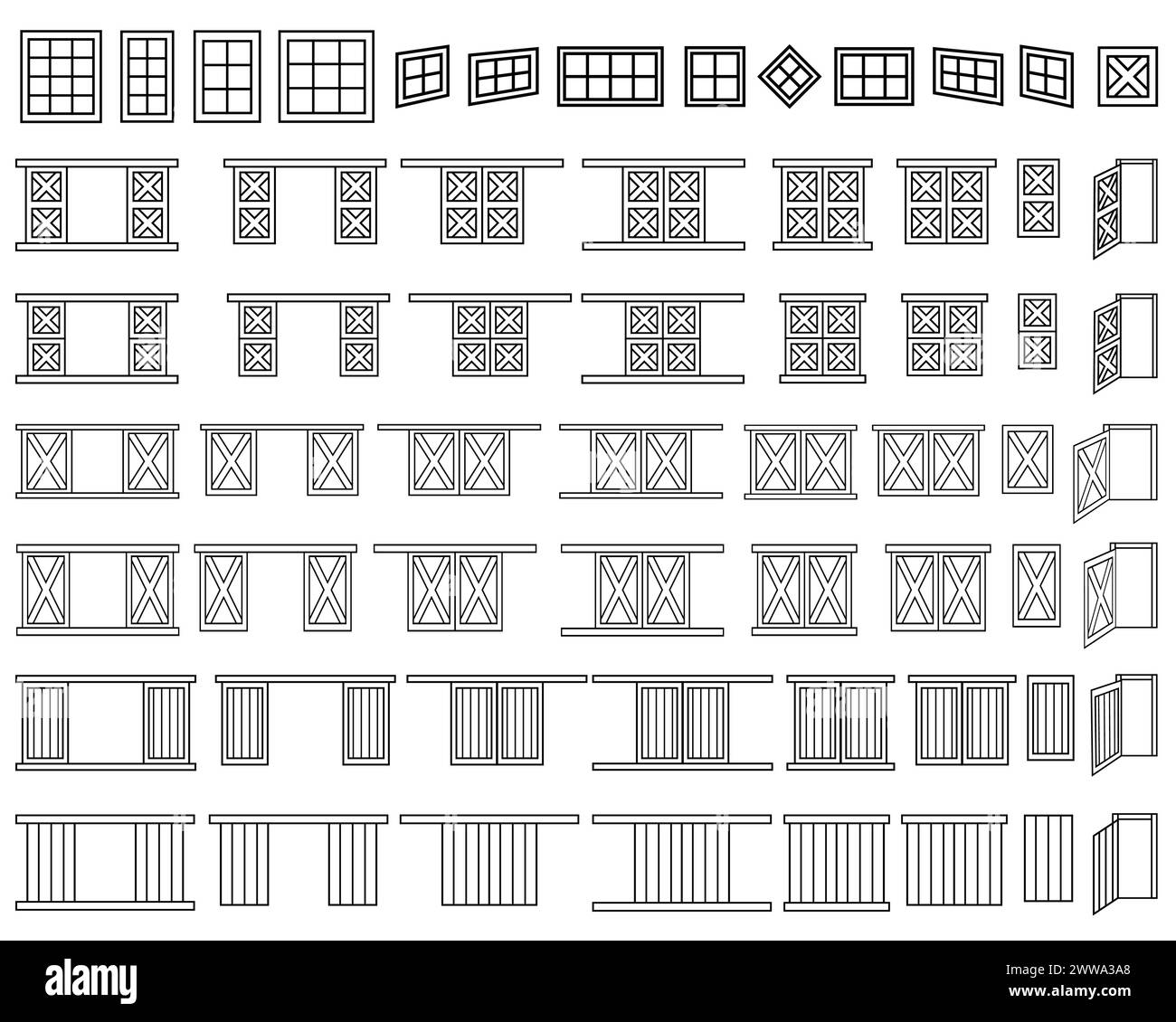 Fenêtres et portes de la maison de village de grange en bois de contour. Grand ensemble noir blanc de portes ou de portails pour livre de coloriage. Illustrations vectorielles de lignes isolées Illustration de Vecteur