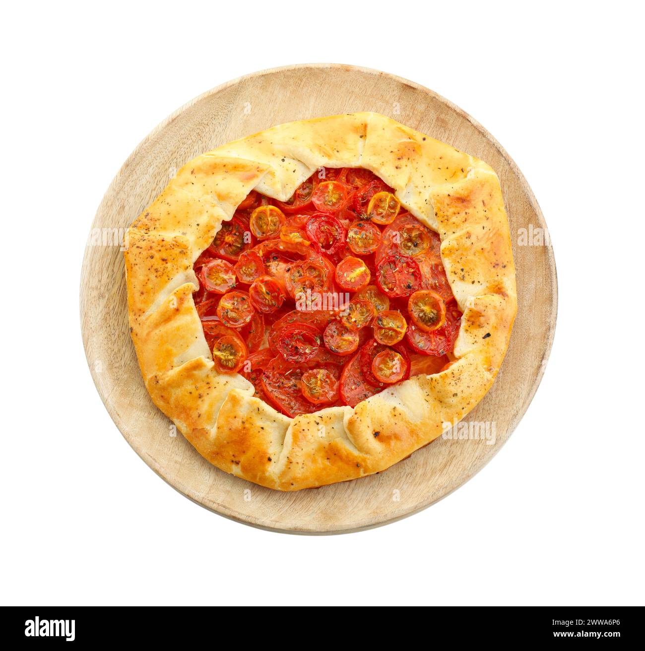 Savoureuse galette de tomates (galette Caprese) isolée sur blanc, vue de dessus Banque D'Images