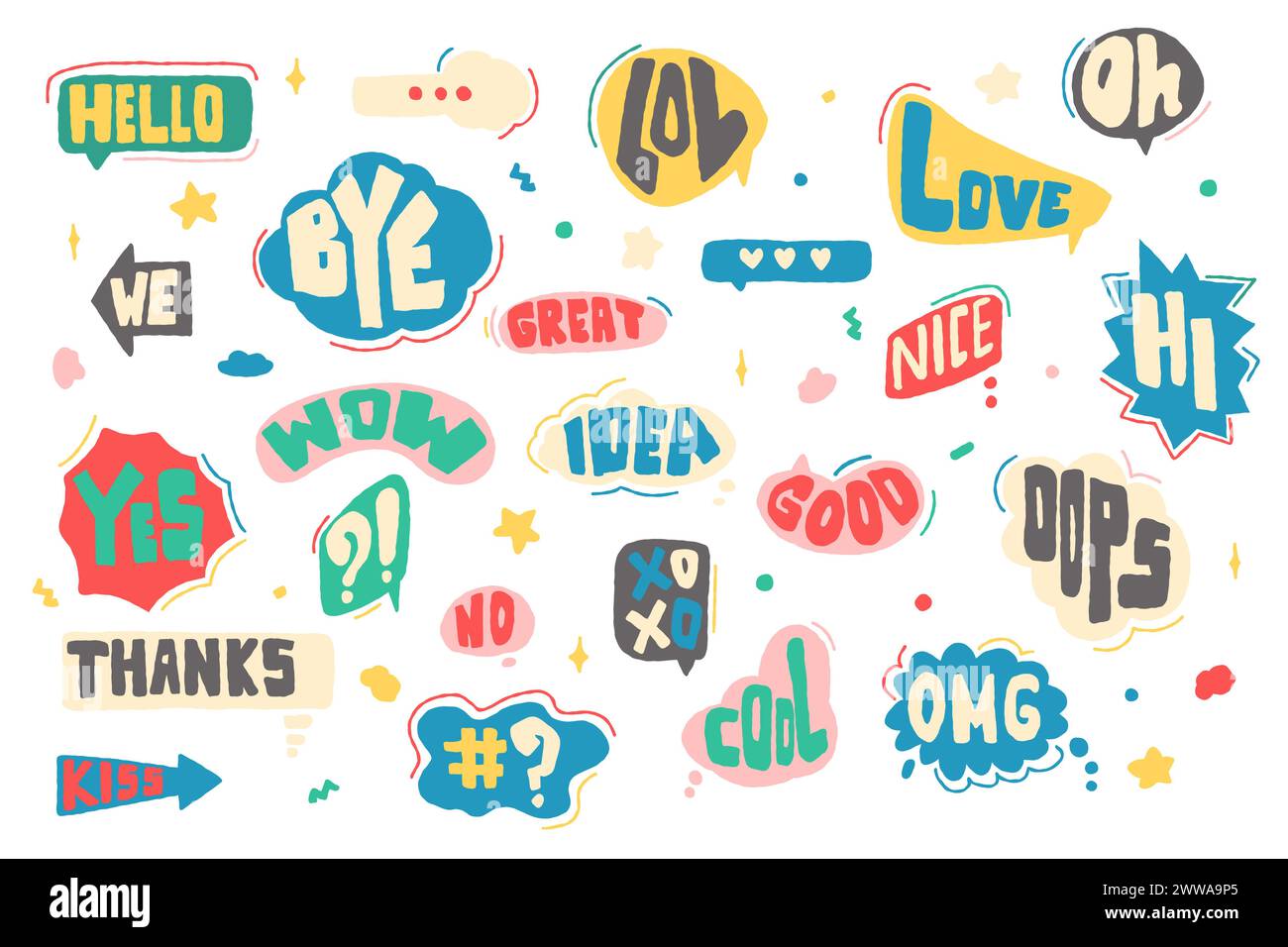 Ballons de chat, cadres de chat, nuages de chat avec des phrases de bienvenue. Symboles bulles de dialogue. Nuages de pensée ou cadres de message pour la discussion Illustration de Vecteur