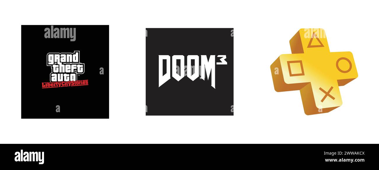 PlayStation plus, Doom 3, Grand Theft Auto : Liberty City Stories. Collection de logos vectoriels éditoriaux. Illustration de Vecteur