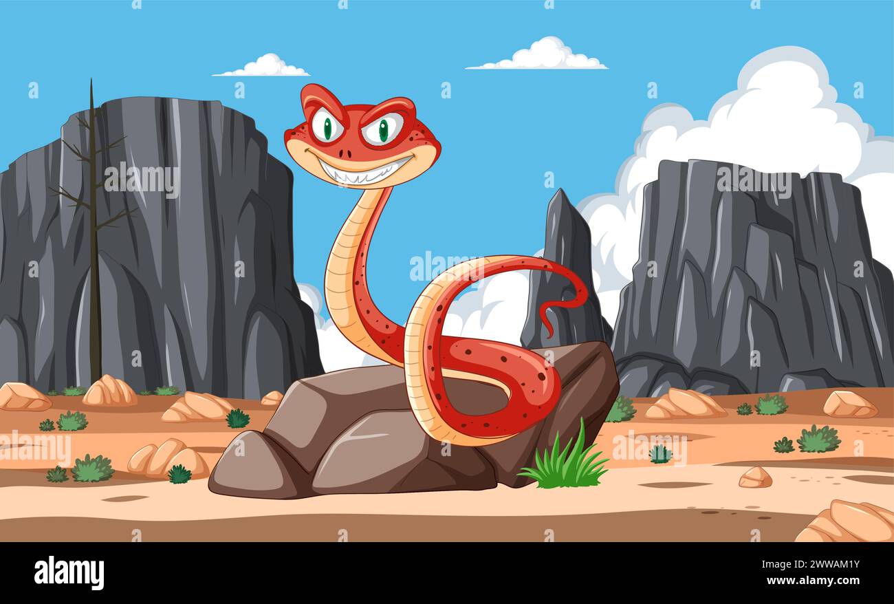 Serpent de dessin animé avec une expression ludique dans le désert. Illustration de Vecteur
