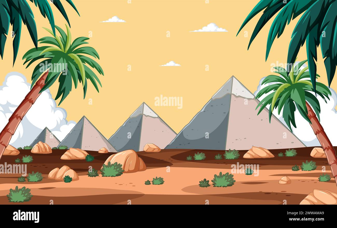 Scène de désert de dessin animé avec des palmiers et des montagnes Illustration de Vecteur