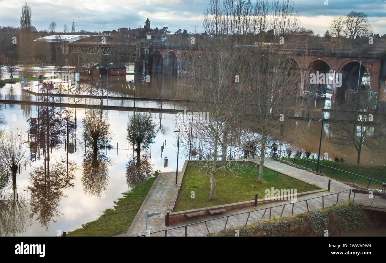 Conditions météorologiques extrêmes, inondations étendues, après de fortes pluies prolongées et des tempêtes, niveaux d'eau élevés et écrasants de la rivière, cygnes nagent dans auparavant sec Banque D'Images