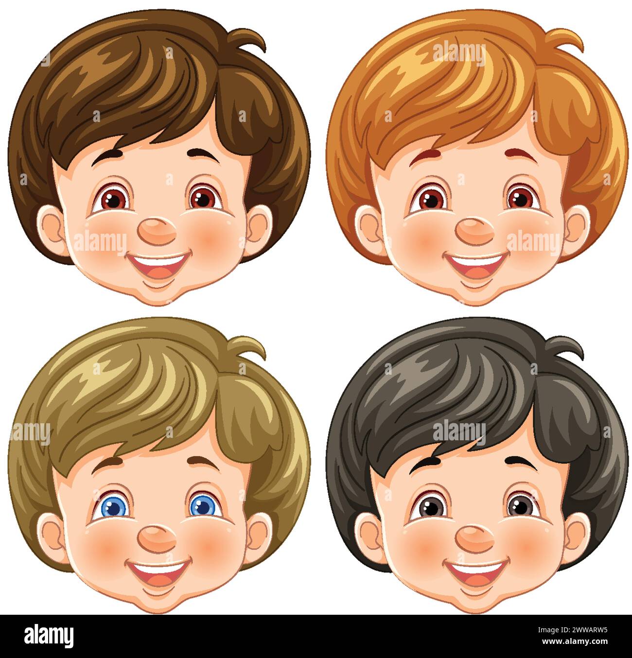 Quatre enfants de dessin animé joyeux avec différentes coiffures Illustration de Vecteur