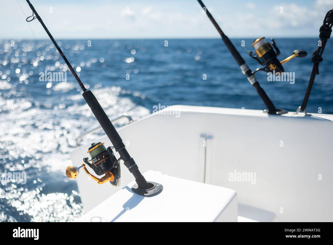 Les cannes à pêche sont placées dans des porte-cannes à l'arrière d'un bateau de pêche tropical. Banque D'Images