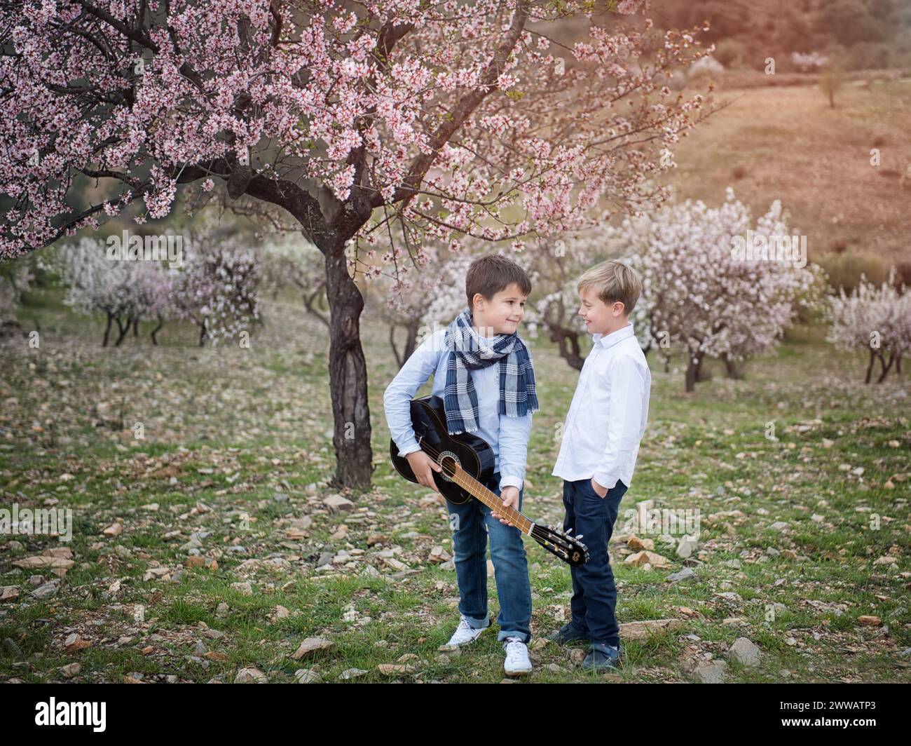Deux amis chantent des chansons avec une guitare dans le jardin Banque D'Images