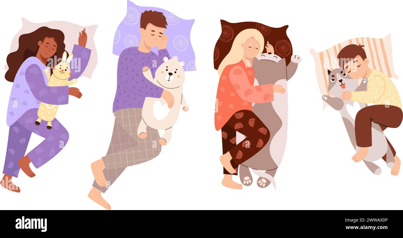 Collection personnes dormant avec des jouets. Femme noire ethnique avec lapin et homme et fille à la peau claire avec chat animal en peluche, chien et ours en peluche. Isolé Illustration de Vecteur