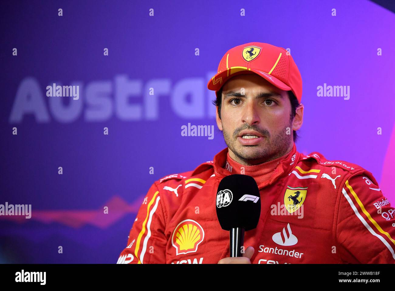 MELBOURNE, AUSTRALIE. 23 mars 2024. 55 Carlos Sainz Jr. (ESP) Scuderia Ferrari lors de la conférence de presse post-qualification des pilotes au Rolex Australian Grand Prix 2024 de la FIA Formula 1 3ème manche du 22 au 24 mars à l'Albert Park Street circuit, Melbourne, Australie. Crédit : Karl Phillipson/Alamy Live News Banque D'Images