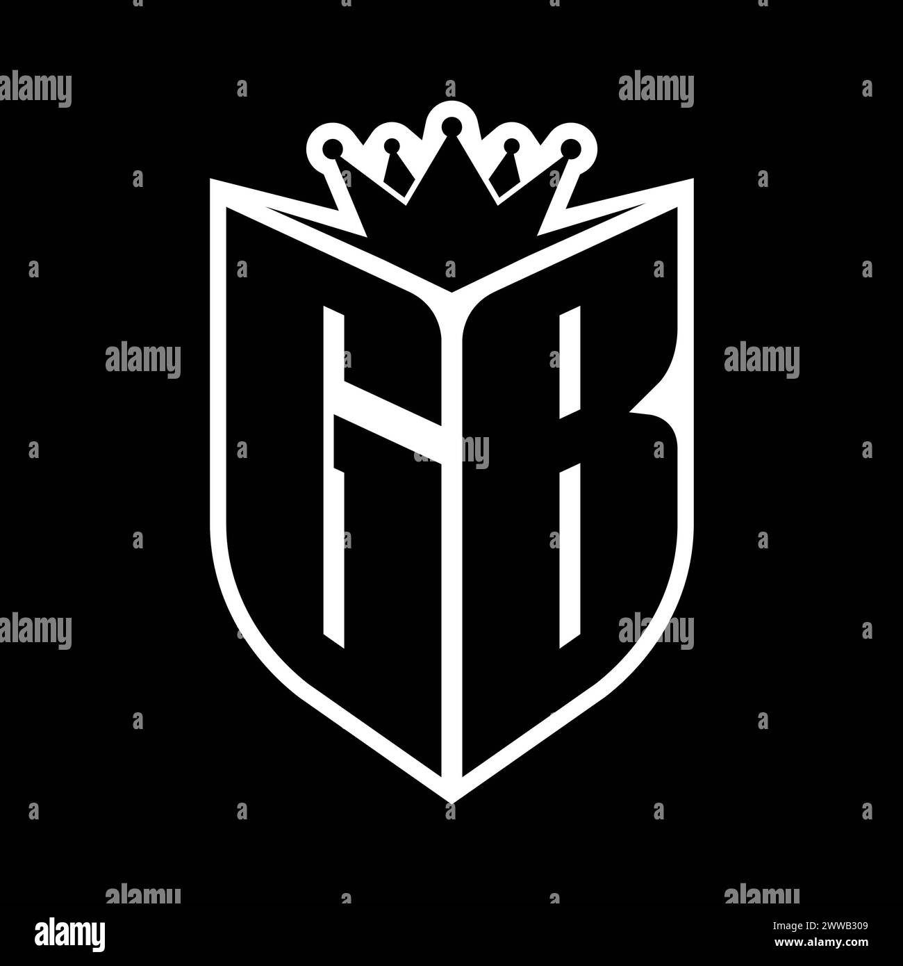 Monogramme en gras lettre GB avec forme de bouclier et couronne pointue à l'intérieur du bouclier modèle de conception de couleur noir et blanc Banque D'Images