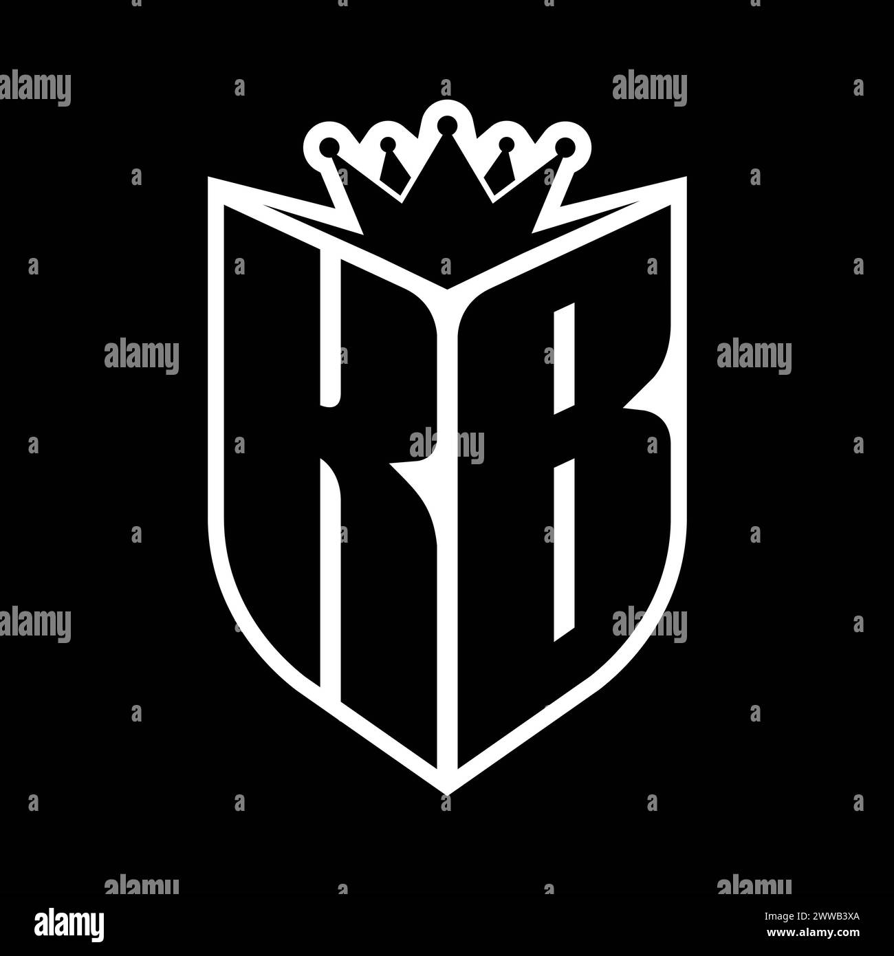 Lettre KB monogramme en gras avec forme de bouclier et couronne pointue à l'intérieur du bouclier modèle de conception de couleur noir et blanc Banque D'Images