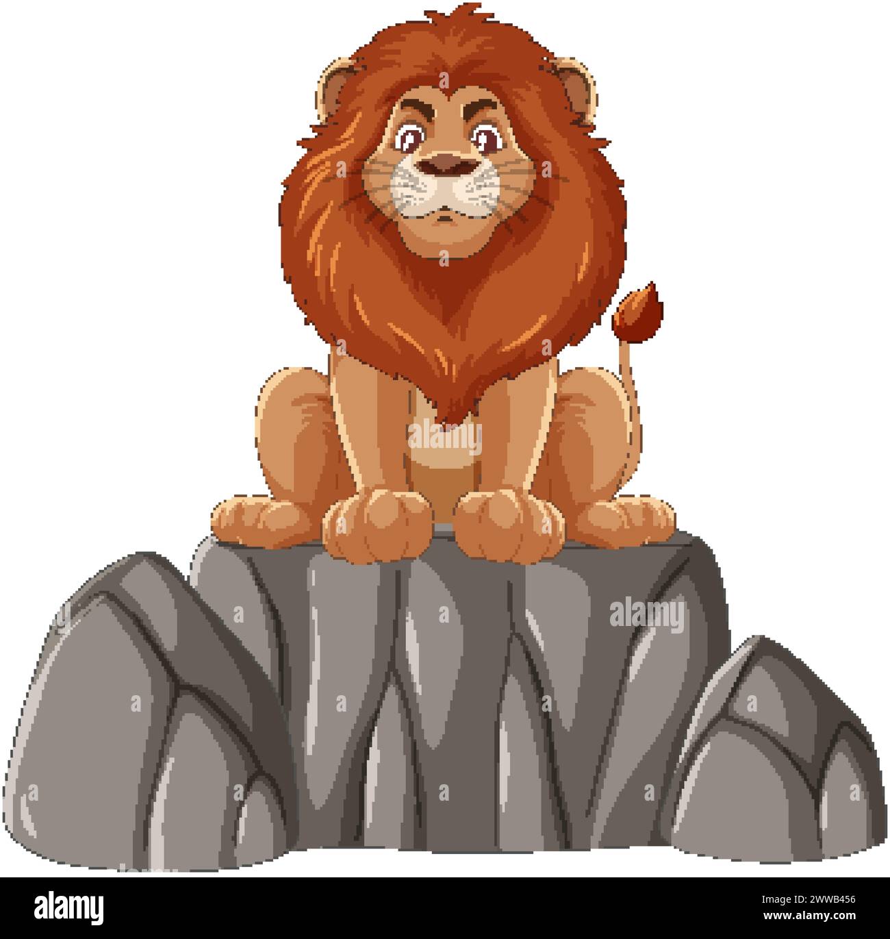 Lion de dessin animé assis au sommet d'une formation de pierre grise. Illustration de Vecteur
