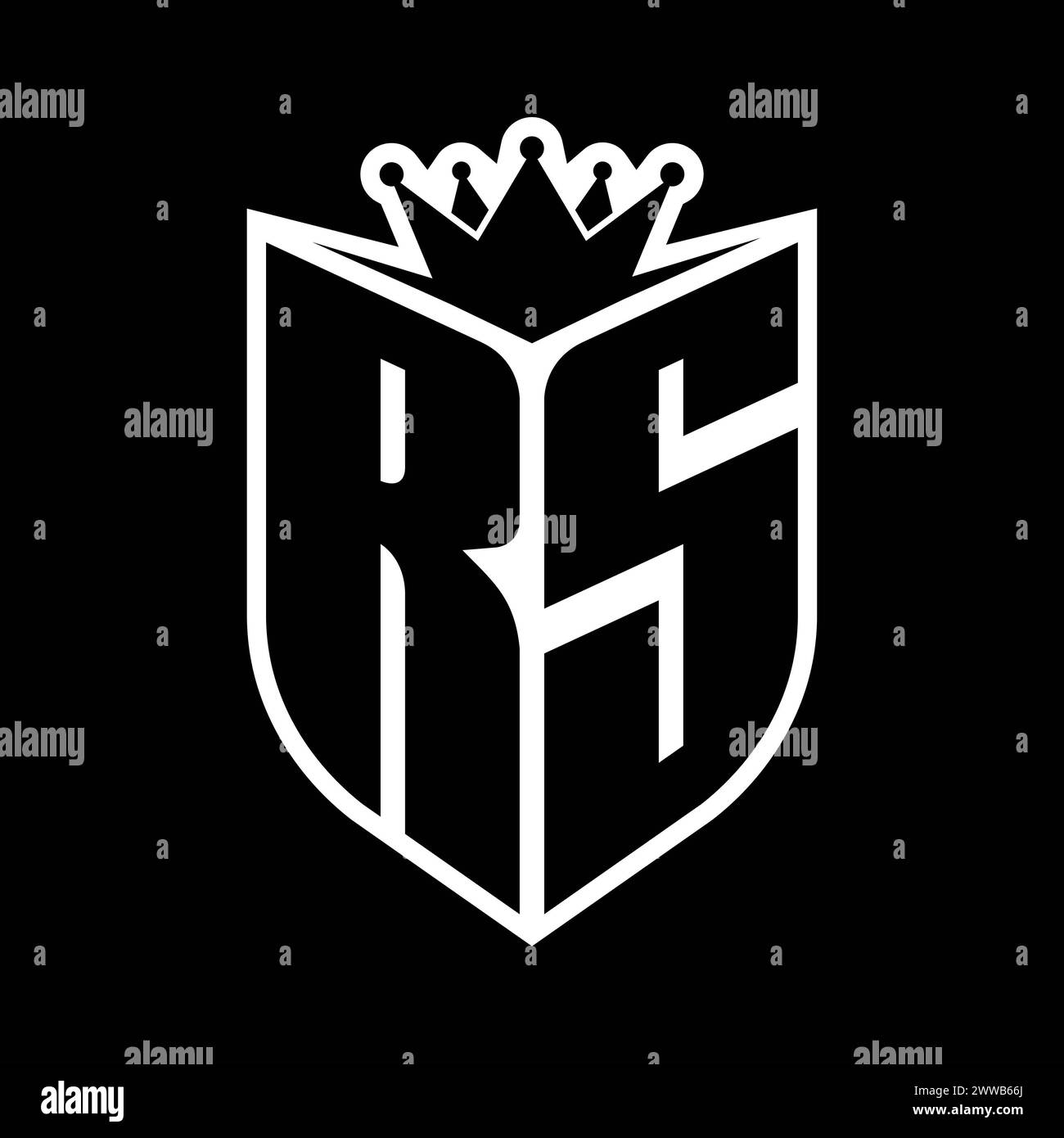 Monogramme en gras lettre RS avec forme de bouclier et couronne pointue à l'intérieur du bouclier, modèle de conception de couleur noire et blanche Banque D'Images