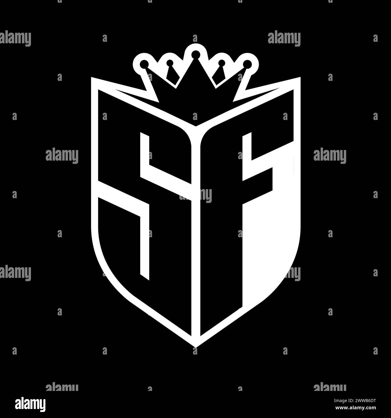 Lettre SF monogramme gras avec forme de bouclier et couronne pointue à l'intérieur du bouclier modèle de conception de couleur noir et blanc Banque D'Images