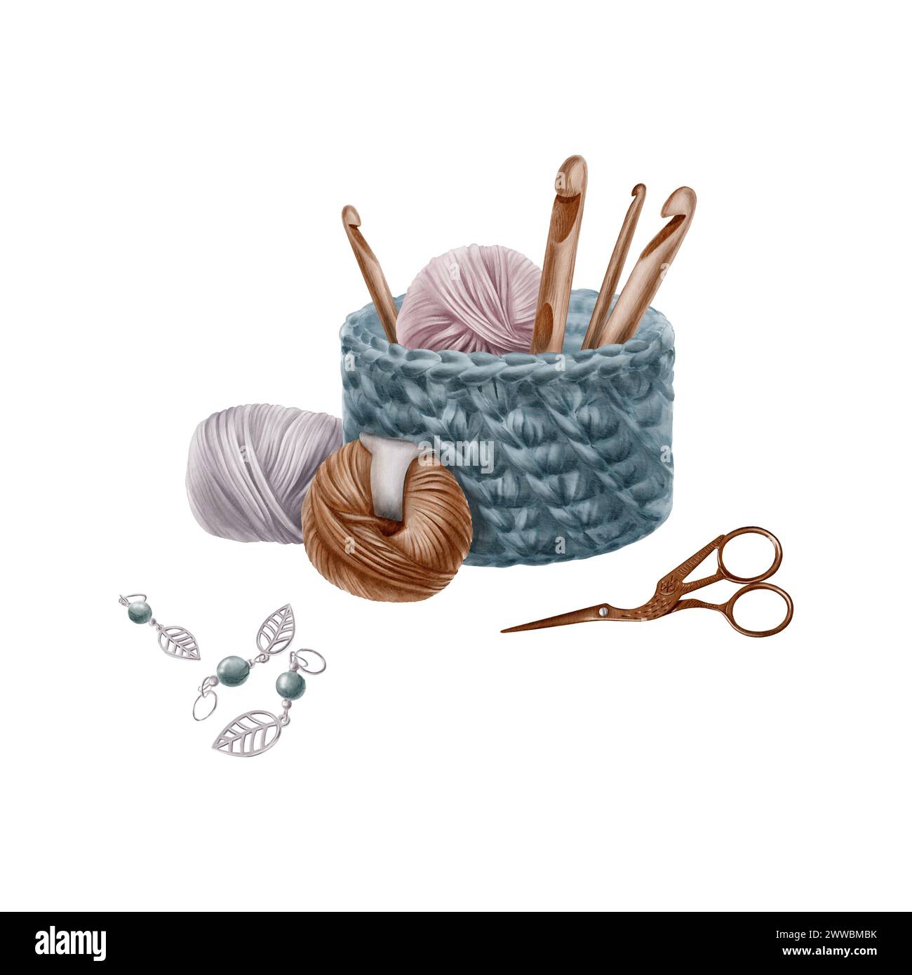 Composition aquarelle avec des accessoires pour tricoter.panier tricoté, écheveaux de fil, ciseaux de grue, crochets en bois, séparateurs pour tricoter.pour les cartes postales Banque D'Images