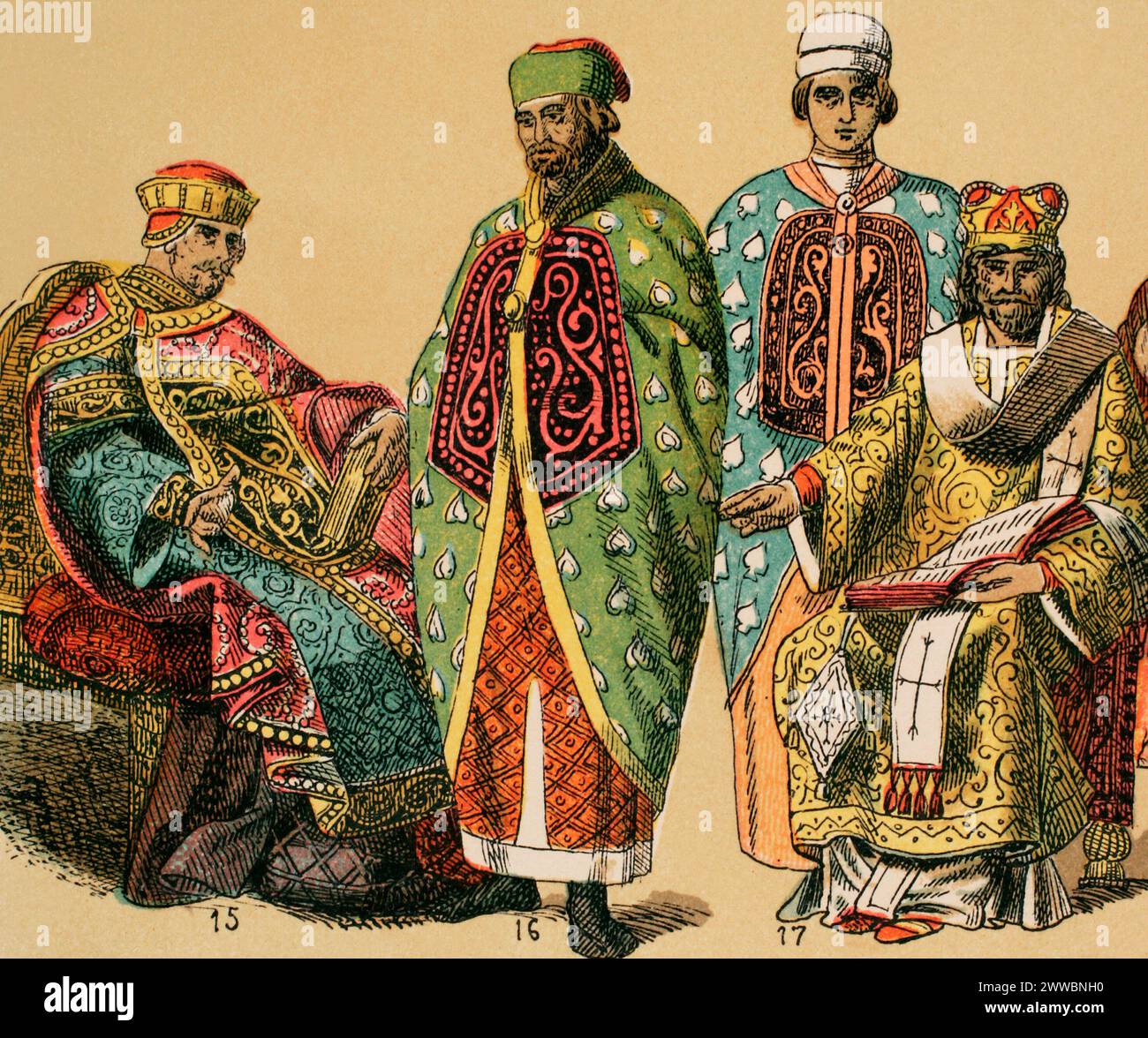 Byzantins, 1000-1200. De gauche à droite : empereur, assistants de cour et costume de prélat. Chromolithographie. Historia Universal, de César Cantú. Volume V, 1884. Banque D'Images